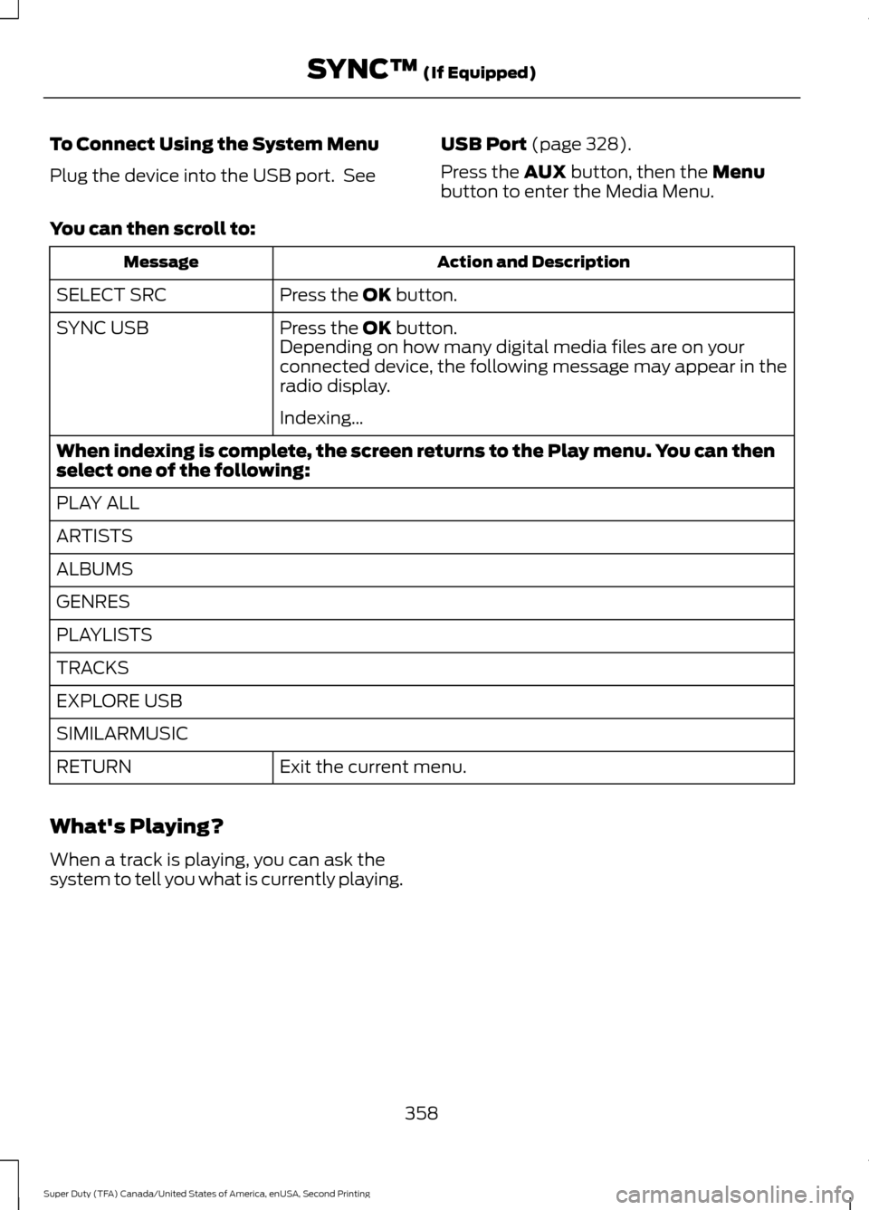 FORD SUPER DUTY 2016 3.G Owners Manual To Connect Using the System Menu
Plug the device into the USB port.  See
USB Port (page 328).
Press the 
AUX button, then the Menu
button to enter the Media Menu.
You can then scroll to: Action and De