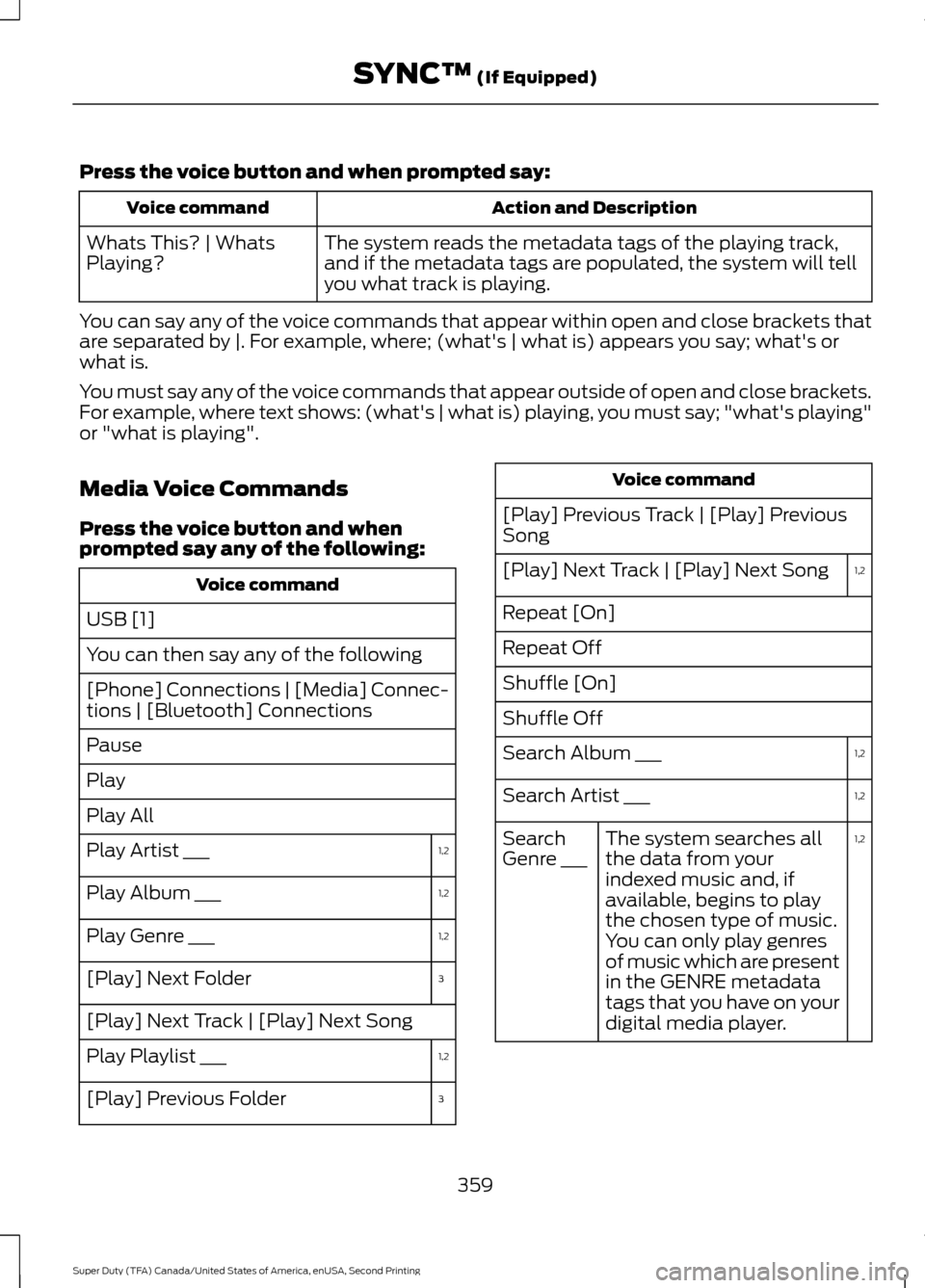 FORD SUPER DUTY 2016 3.G Owners Manual Press the voice button and when prompted say:
Action and Description
Voice command
The system reads the metadata tags of the playing track,
and if the metadata tags are populated, the system will tell
