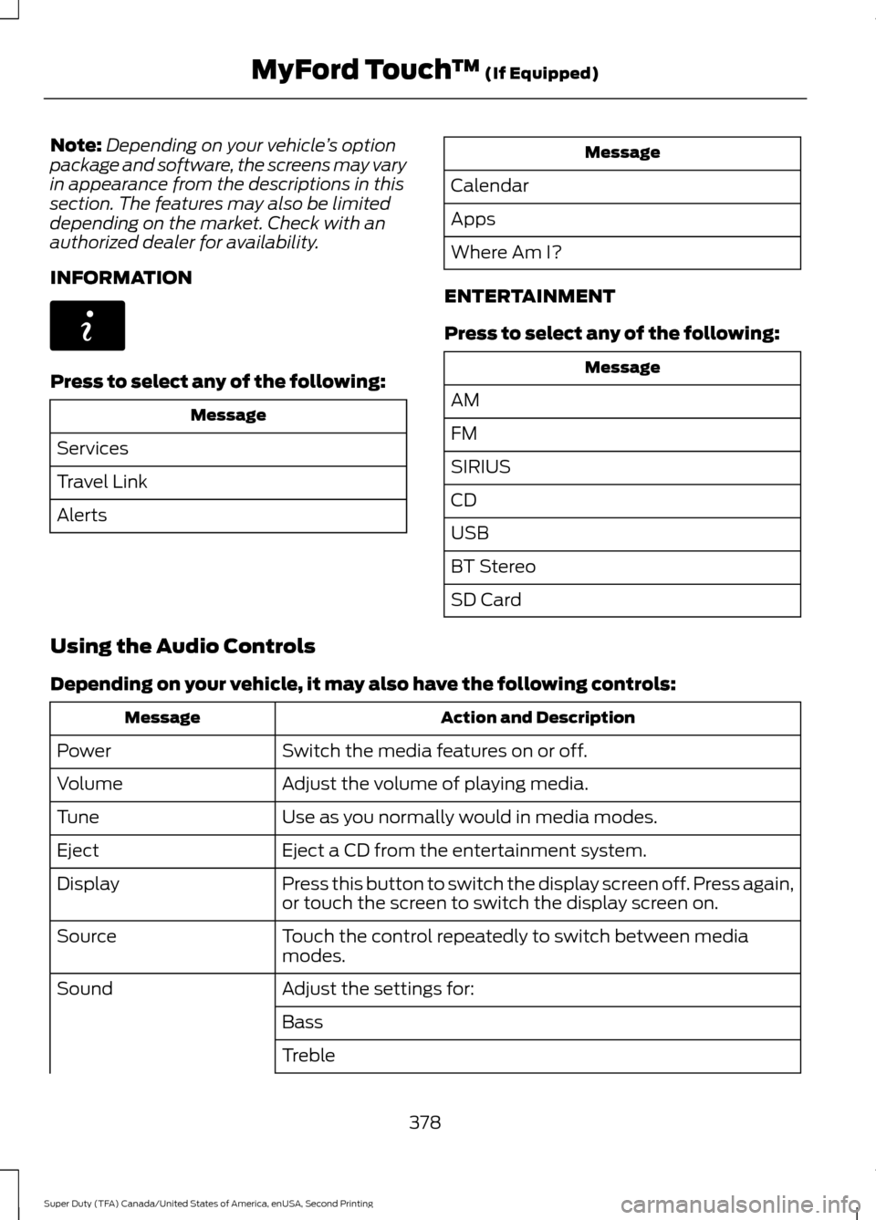 FORD SUPER DUTY 2016 3.G Owners Manual Note:
Depending on your vehicle ’s option
package and software, the screens may vary
in appearance from the descriptions in this
section. The features may also be limited
depending on the market. Ch