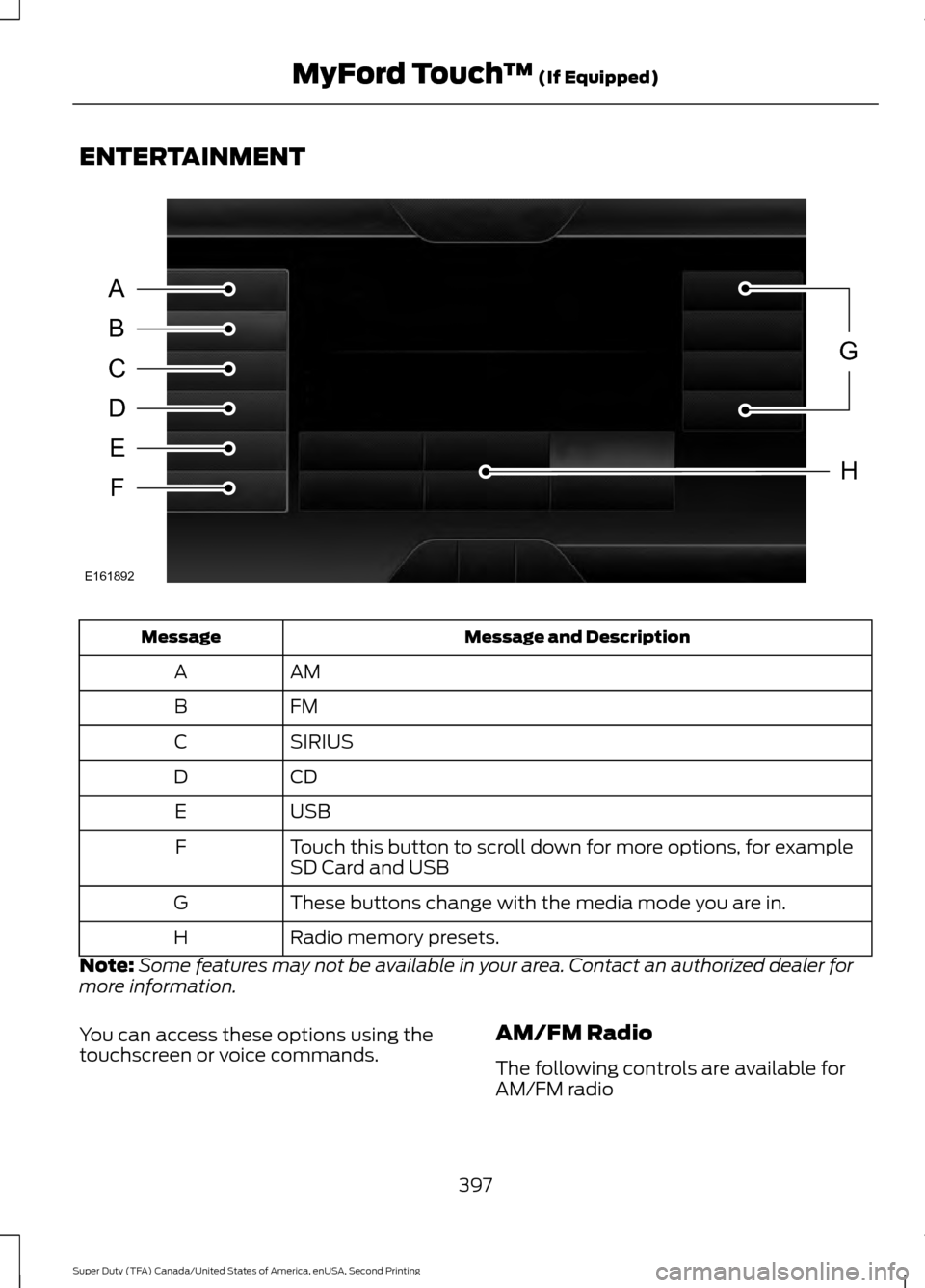 FORD SUPER DUTY 2016 3.G Owners Manual ENTERTAINMENT
Message and Description
Message
AM
A
FM
B
SIRIUS
C
CD
D
USB
E
Touch this button to scroll down for more options, for example
SD Card and USB
F
These buttons change with the media mode yo FORD SUPER DUTY 2016 3.G Owners Manual ENTERTAINMENT
Message and Description
Message
AM
A
FM
B
SIRIUS
C
CD
D
USB
E
Touch this button to scroll down for more options, for example
SD Card and USB
F
These buttons change with the media mode yo