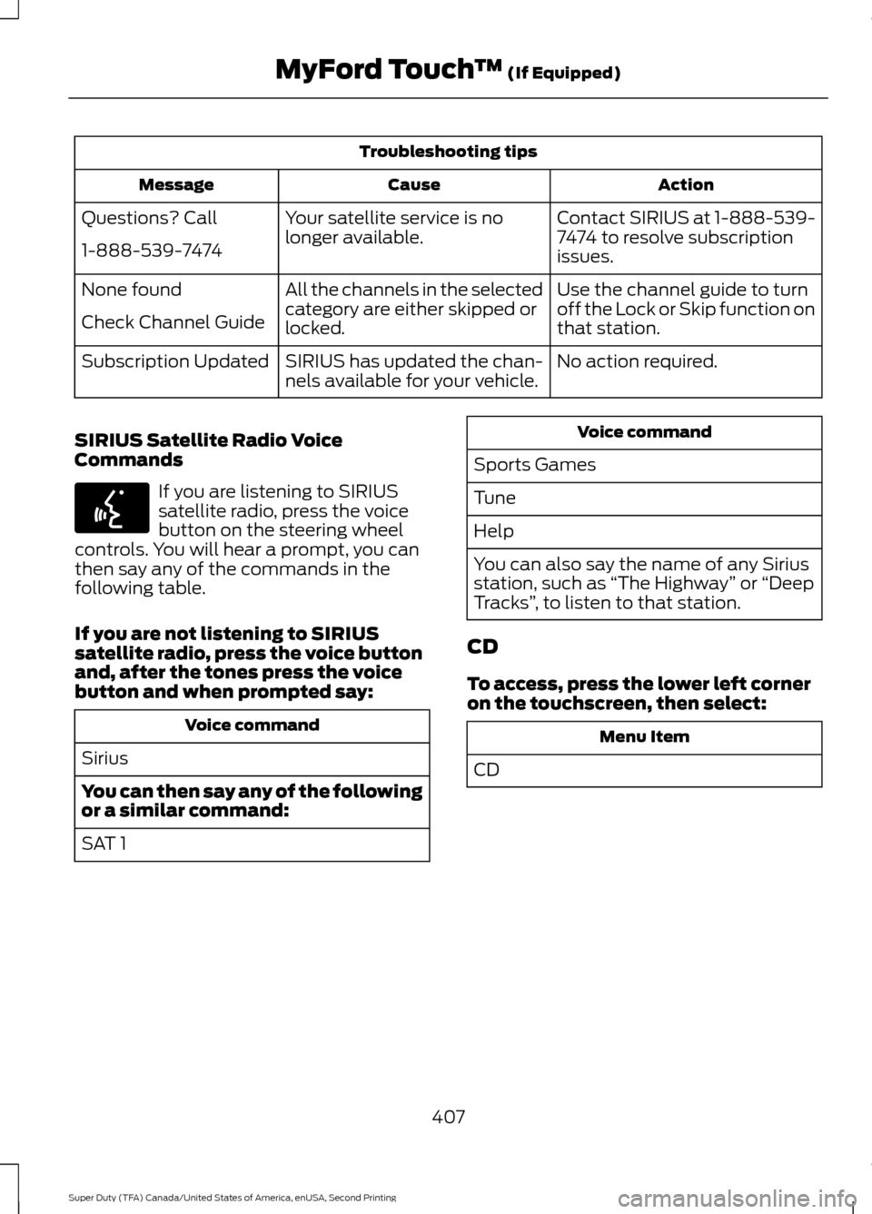 FORD SUPER DUTY 2016 3.G Owners Manual Troubleshooting tips
Action
Cause
Message
Contact SIRIUS at 1-888-539-
7474 to resolve subscription
issues.
Your satellite service is no
longer available.
Questions? Call
1-888-539-7474
Use the channe