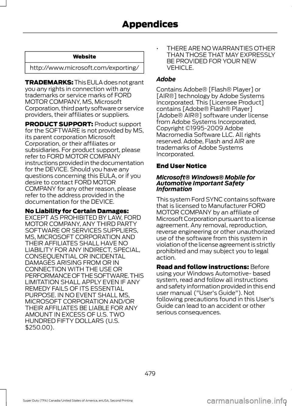 FORD SUPER DUTY 2016 3.G Owners Manual Website
http://www.microsoft.com/exporting/
TRADEMARKS: This EULA does not grant
you any rights in connection with any
trademarks or service marks of FORD
MOTOR COMPANY, MS, Microsoft
Corporation, thi