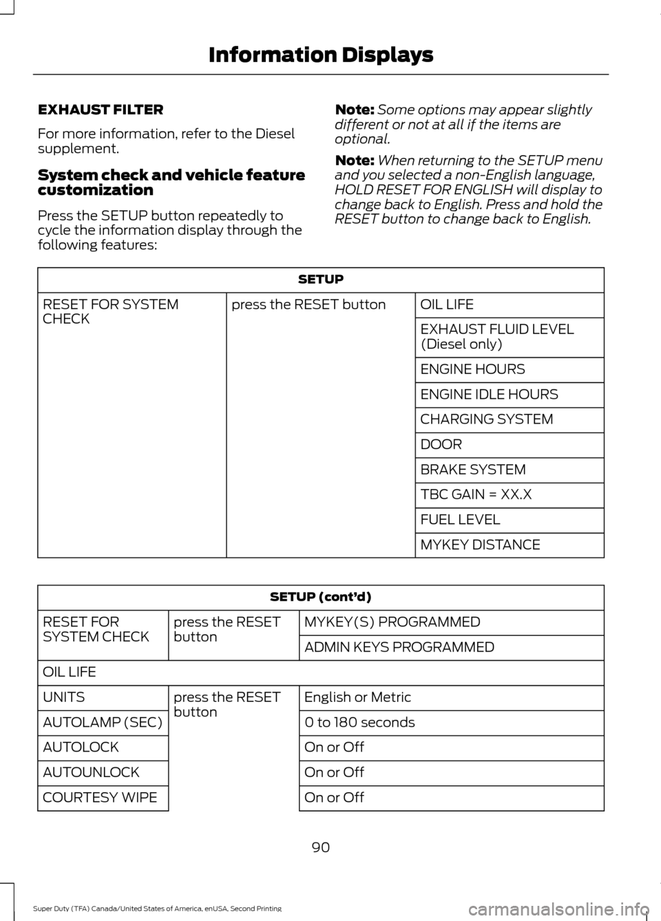 FORD SUPER DUTY 2016 3.G Owners Manual EXHAUST FILTER
For more information, refer to the Diesel
supplement.
System check and vehicle feature
customization
Press the SETUP button repeatedly to
cycle the information display through the
follo