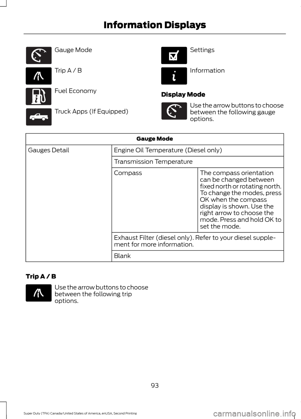 FORD SUPER DUTY 2016 3.G Owners Manual Gauge Mode
Trip A / B
Fuel Economy
Truck Apps (If Equipped) Settings
Information
Display Mode Use the arrow buttons to choose
between the following gauge
options.
Gauge Mode
Engine Oil Temperature (Di