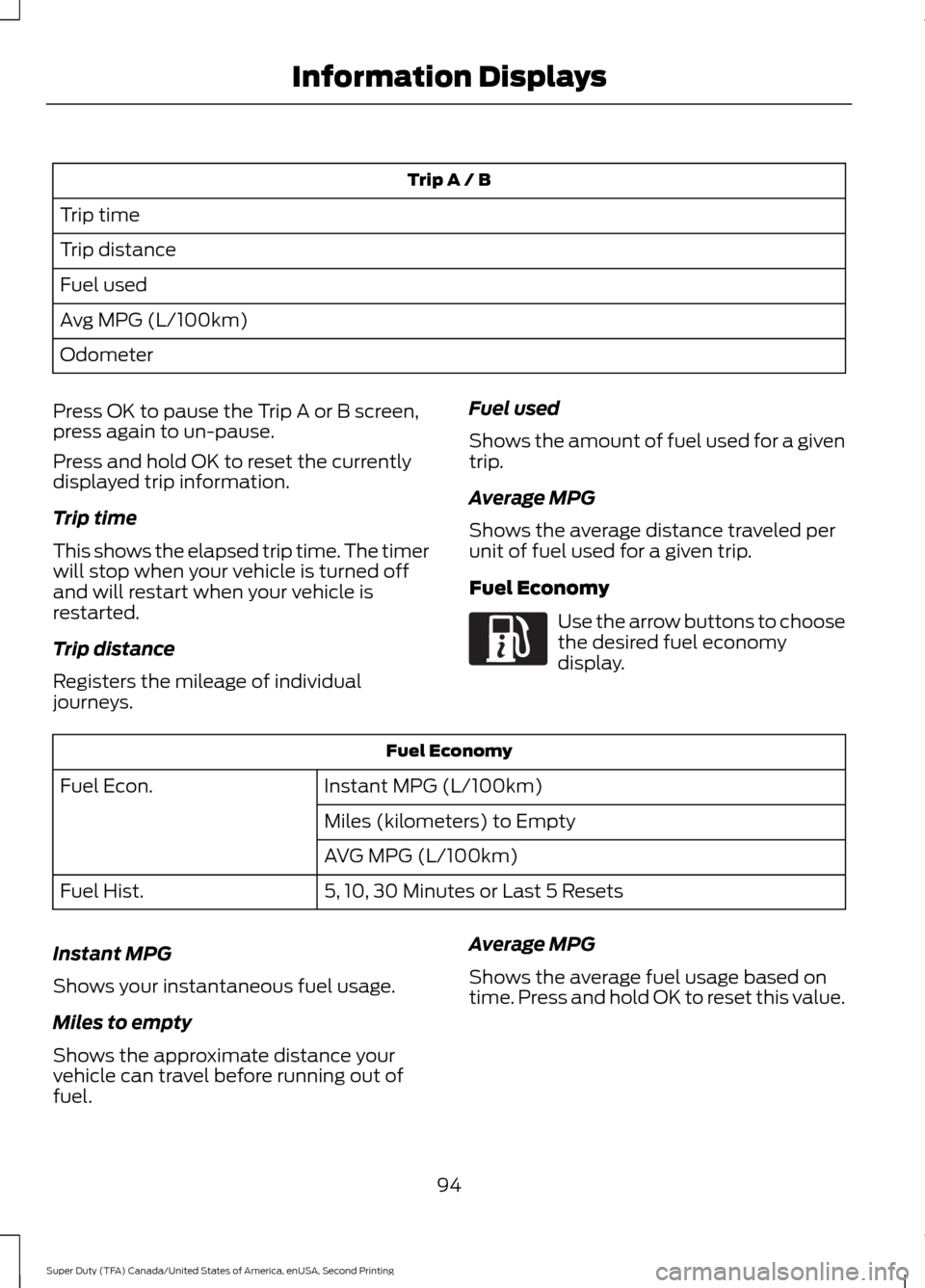 FORD SUPER DUTY 2016 3.G Owners Manual Trip A / B
Trip time
Trip distance
Fuel used
Avg MPG (L/100km)
Odometer
Press OK to pause the Trip A or B screen,
press again to un-pause.
Press and hold OK to reset the currently
displayed trip infor