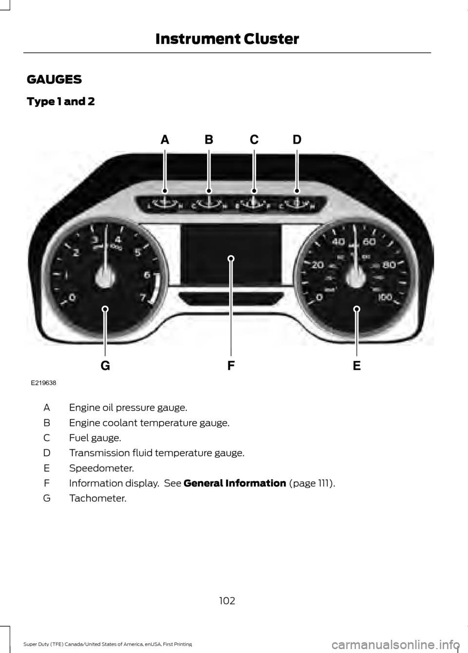 FORD SUPER DUTY 2017 4.G Owners Manual GAUGES
Type 1 and 2
Engine oil pressure gauge.
A
Engine coolant temperature gauge.
B
Fuel gauge.
C
Transmission fluid temperature gauge.
D
Speedometer.
E
Information display.  See General Information 