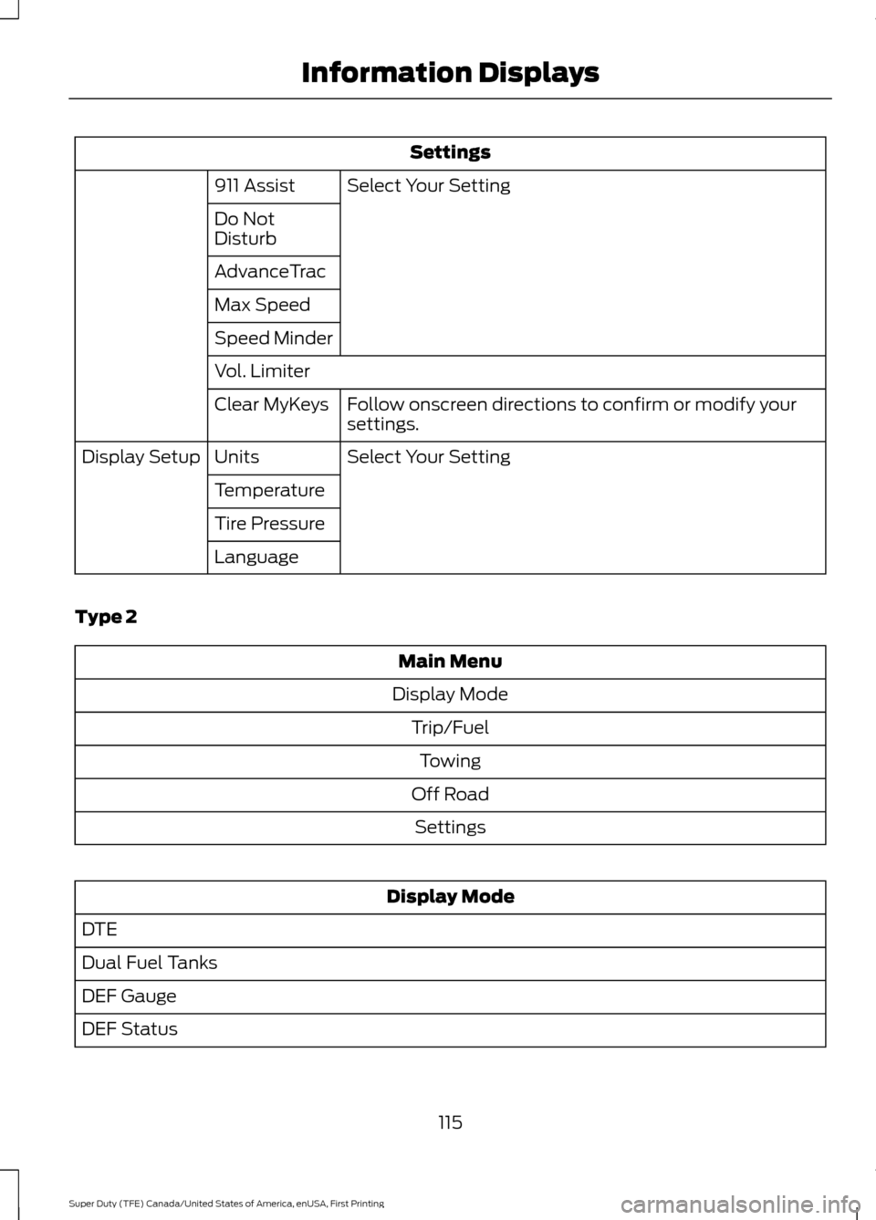 FORD SUPER DUTY 2017 4.G Owners Manual Settings
Select Your Setting
911 Assist
Do Not
Disturb
AdvanceTrac
Max Speed
Speed Minder
Vol. Limiter
Follow onscreen directions to confirm or modify your
settings.
Clear MyKeys
Select Your Setting
U