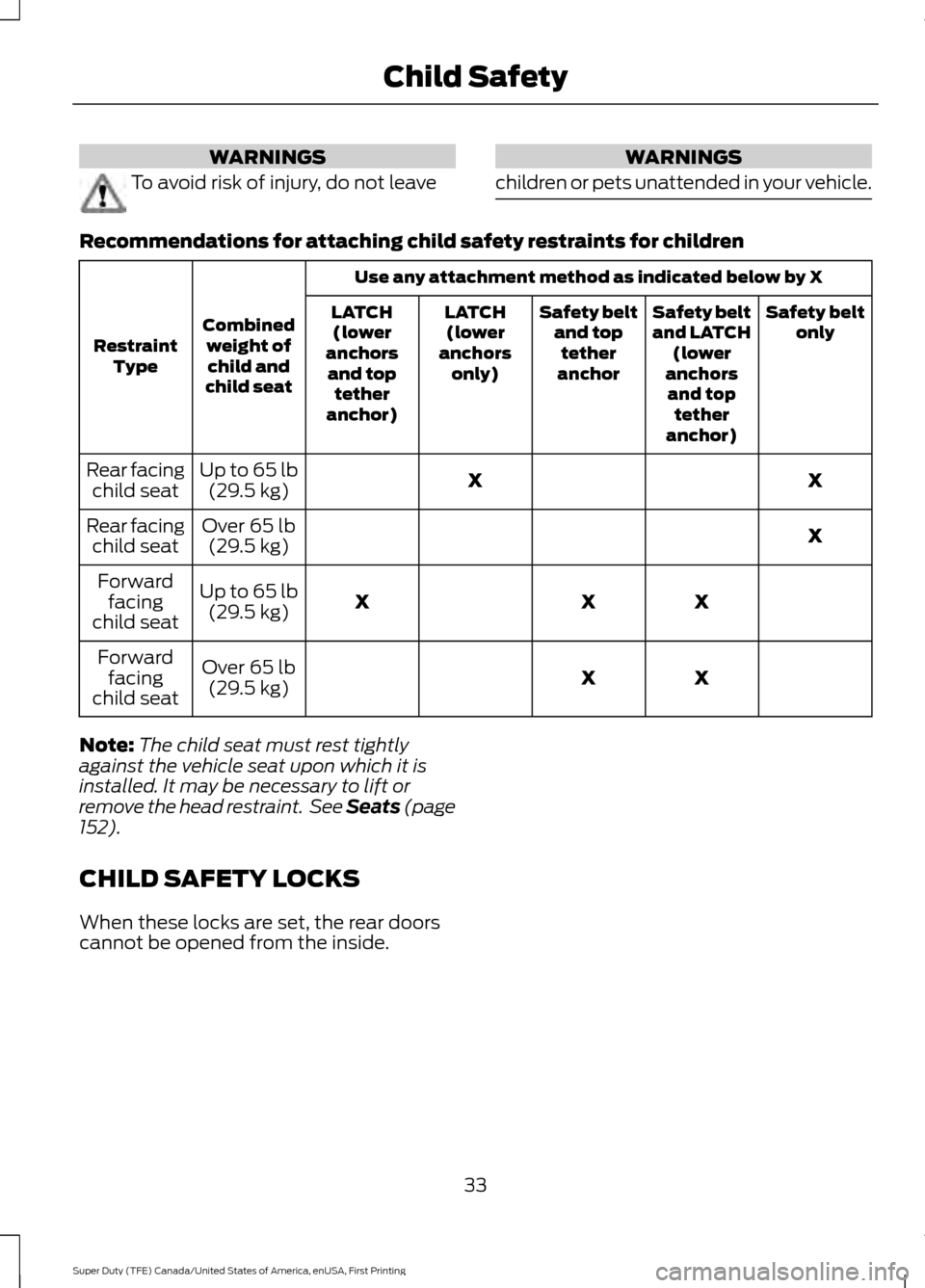 FORD SUPER DUTY 2017 4.G Owners Manual WARNINGS
To avoid risk of injury, do not leave WARNINGS
children or pets unattended in your vehicle. Recommendations for attaching child safety restraints for children
Use any attachment method as ind