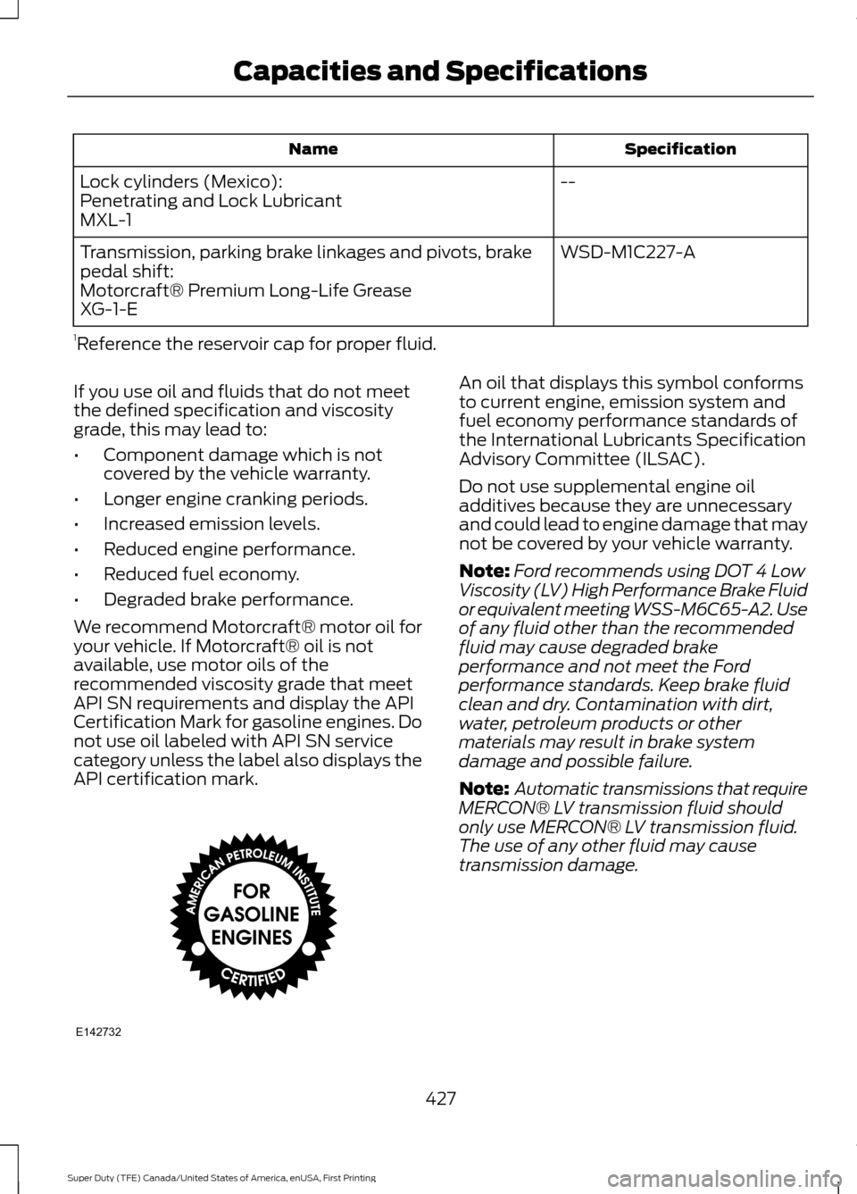 FORD SUPER DUTY 2017 4.G Owners Manual Specification
Name
--
Lock cylinders (Mexico):
Penetrating and Lock Lubricant
MXL-1
WSD-M1C227-A
Transmission, parking brake linkages and pivots, brake
pedal shift:
Motorcraft® Premium Long-Life Grea FORD SUPER DUTY 2017 4.G Owners Manual Specification
Name
--
Lock cylinders (Mexico):
Penetrating and Lock Lubricant
MXL-1
WSD-M1C227-A
Transmission, parking brake linkages and pivots, brake
pedal shift:
Motorcraft® Premium Long-Life Grea