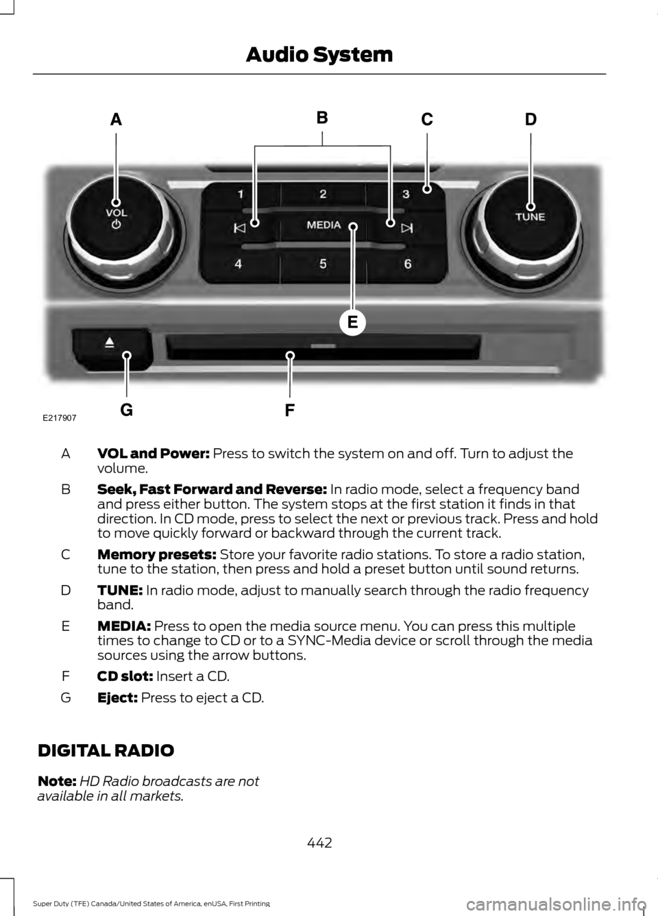 FORD SUPER DUTY 2017 4.G Owners Manual VOL and Power: Press to switch the system on and off. Turn to adjust the
volume.
A
Seek, Fast Forward and Reverse:
In radio mode, select a frequency band
and press either button. The system stops at FORD SUPER DUTY 2017 4.G Owners Manual VOL and Power: Press to switch the system on and off. Turn to adjust the
volume.
A
Seek, Fast Forward and Reverse:
In radio mode, select a frequency band
and press either button. The system stops at