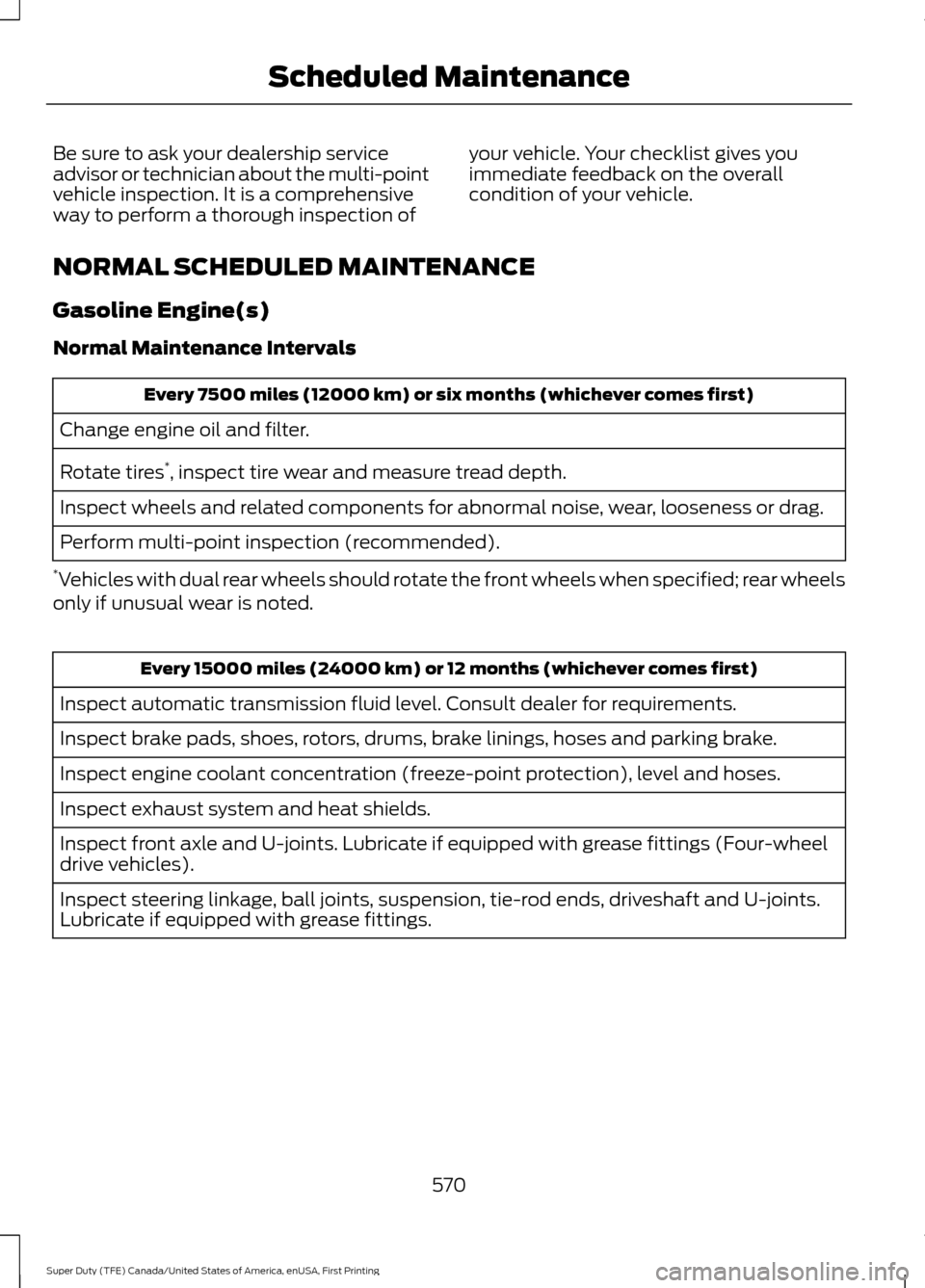 FORD SUPER DUTY 2017 4.G Owners Manual Be sure to ask your dealership service
advisor or technician about the multi-point
vehicle inspection. It is a comprehensive
way to perform a thorough inspection of
your vehicle. Your checklist gives FORD SUPER DUTY 2017 4.G Owners Manual Be sure to ask your dealership service
advisor or technician about the multi-point
vehicle inspection. It is a comprehensive
way to perform a thorough inspection of
your vehicle. Your checklist gives