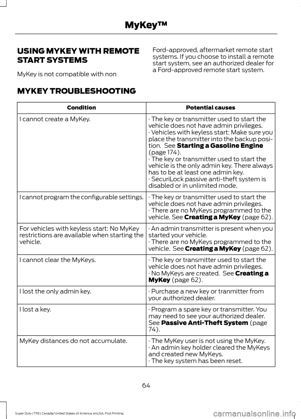 FORD SUPER DUTY 2017 4.G Repair Manual USING MYKEY WITH REMOTE
START SYSTEMS
MyKey is not compatible with non
Ford-approved, aftermarket remote start
systems. If you choose to install a remote
start system, see an authorized dealer for
a F