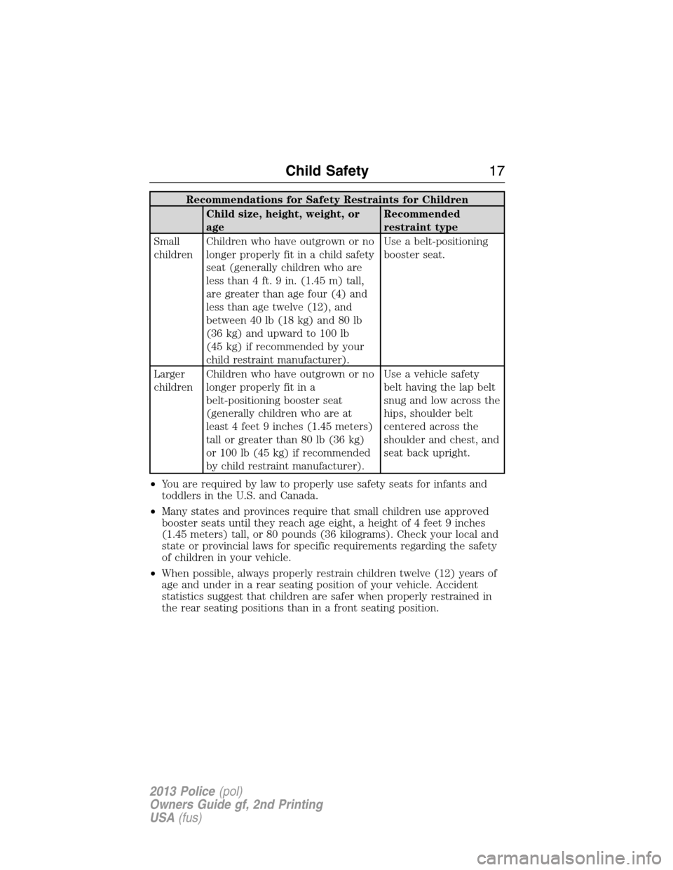 FORD POLICE INTERCEPTOR SEDAN 2013 1.G Owners Manual Recommendations for Safety Restraints for Children
Child size, height, weight, or
ageRecommended
restraint type
Small
childrenChildren who have outgrown or no
longer properly fit in a child safety
sea