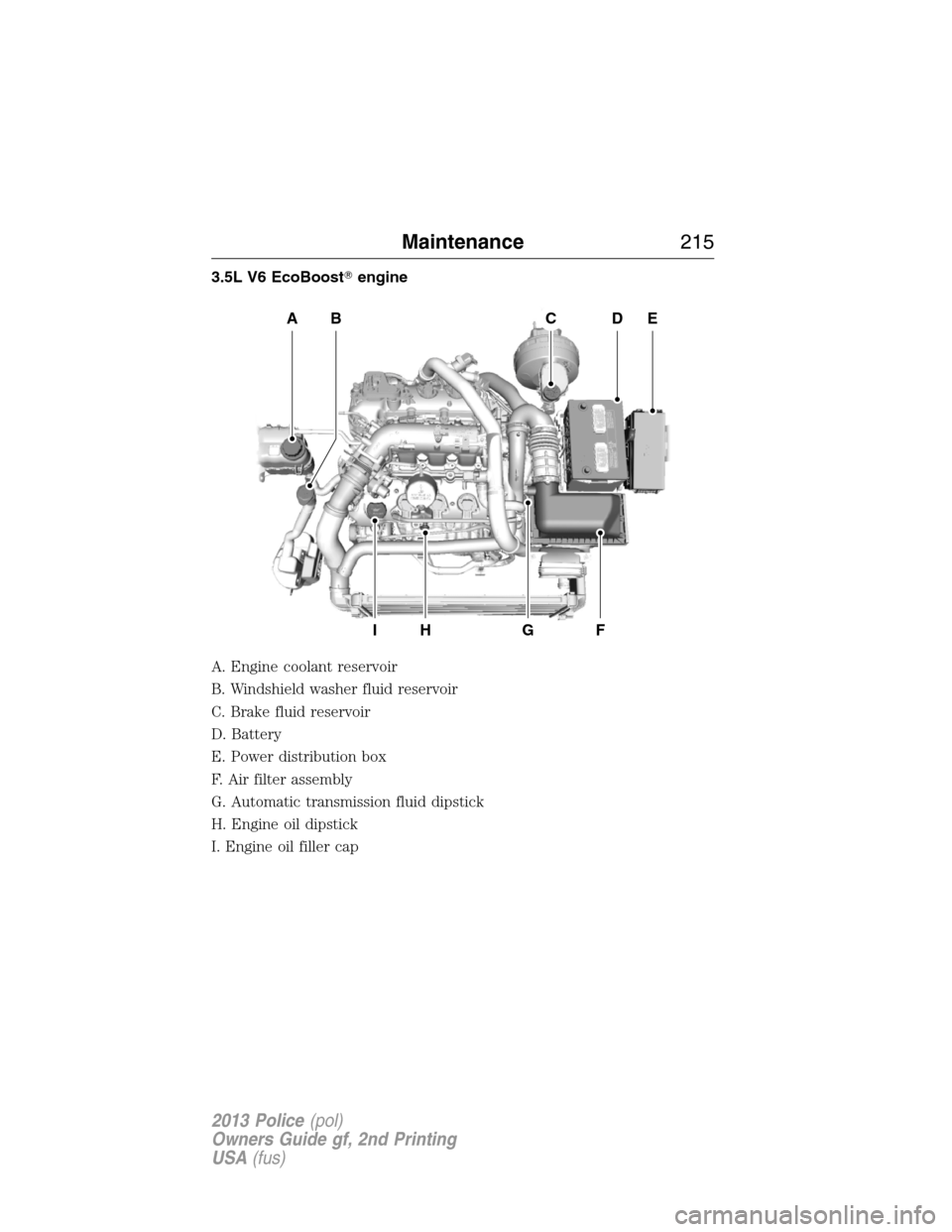 FORD POLICE INTERCEPTOR SEDAN 2013 1.G Owners Manual 3.5L V6 EcoBoostengine
A. Engine coolant reservoir
B. Windshield washer fluid reservoir
C. Brake fluid reservoir
D. Battery
E. Power distribution box
F. Air filter assembly
G. Automatic transmission 