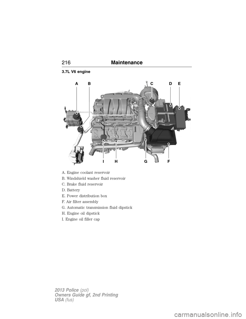 FORD POLICE INTERCEPTOR SEDAN 2013 1.G Owners Manual 3.7L V6 engine
A. Engine coolant reservoir
B. Windshield washer fluid reservoir
C. Brake fluid reservoir
D. Battery
E. Power distribution box
F. Air filter assembly
G. Automatic transmission fluid dip