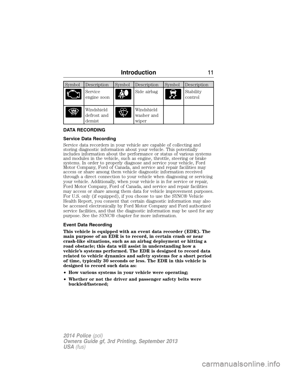 FORD POLICE INTERCEPTOR SEDAN 2014 1.G Owners Manual Symbol Description Symbol Description Symbol Description
Service
engine soonSide airbagStability
control
Windshield
defrost and
demistWindshield
washer and
wiper
DATA RECORDING
Service Data Recording
