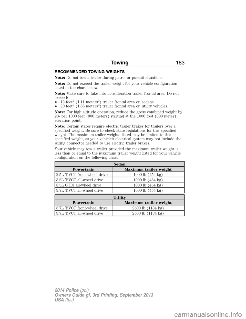 FORD POLICE INTERCEPTOR SEDAN 2014 1.G Owners Manual RECOMMENDED TOWING WEIGHTS
Note:Do not tow a trailer during patrol or pursuit situations.
Note:Do not exceed the trailer weight for your vehicle configuration
listed in the chart below.
Note:Make sure