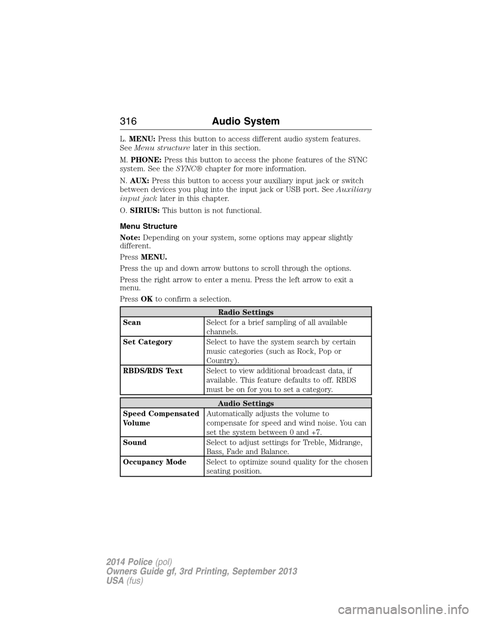FORD POLICE INTERCEPTOR SEDAN 2014 1.G Owners Manual L.MENU:Press this button to access different audio system features.
SeeMenu structurelater in this section.
M.PHONE:Press this button to access the phone features of the SYNC
system. See theSYNC®chap