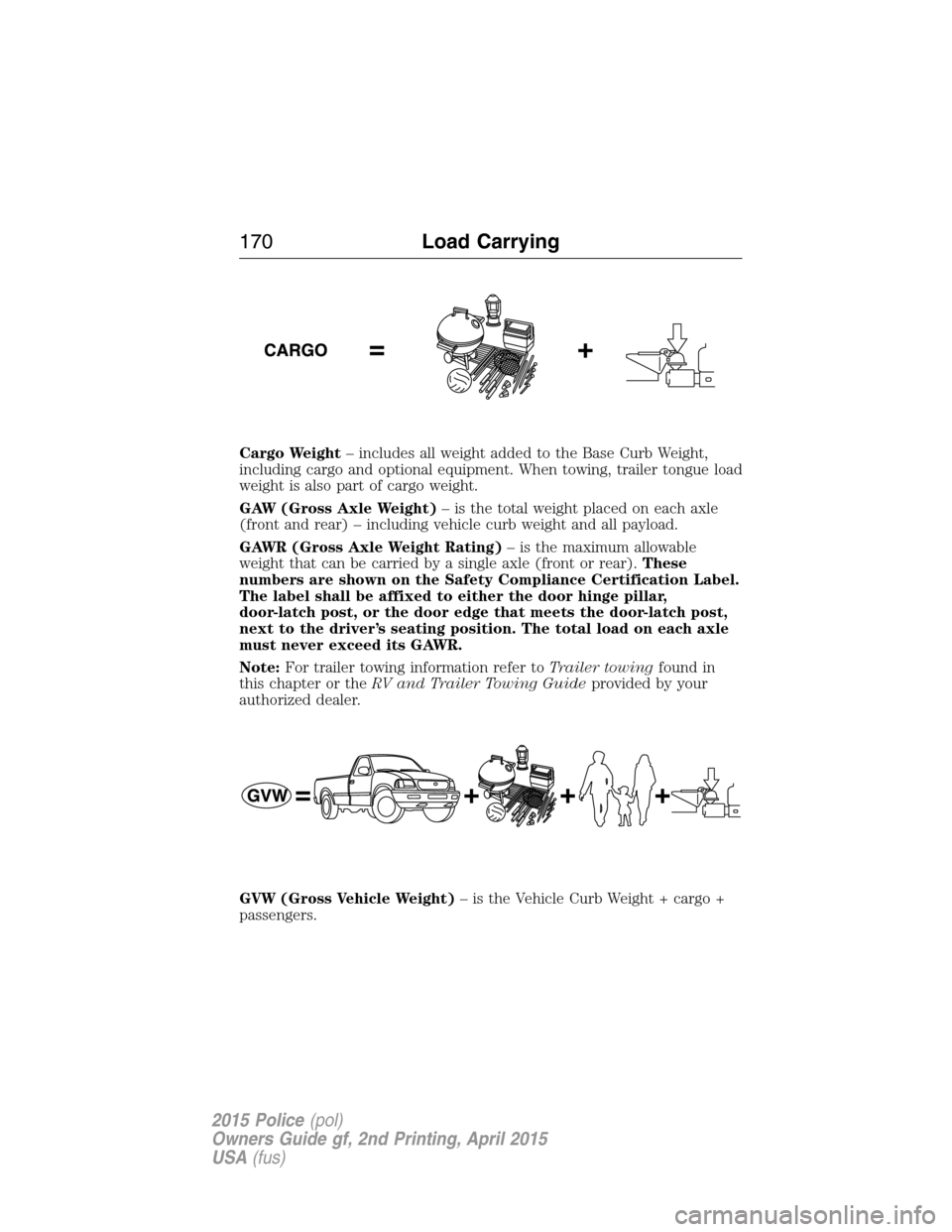 FORD POLICE INTERCEPTOR SEDAN 2015 1.G Owners Manual Cargo Weight– includes all weight added to the Base Curb Weight,
including cargo and optional equipment. When towing, trailer tongue load
weight is also part of cargo weight.
GAW (Gross Axle Weight)