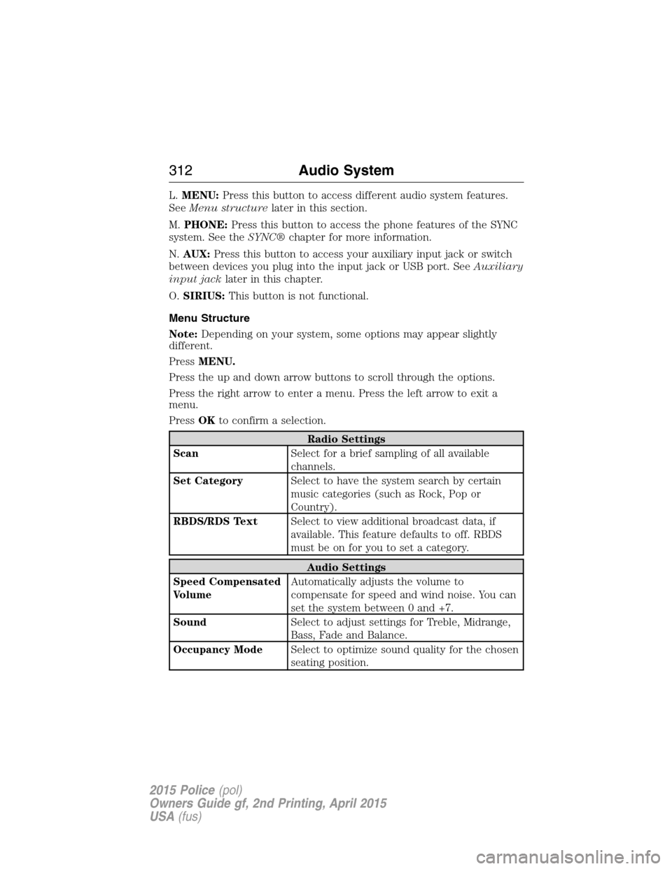 FORD POLICE INTERCEPTOR SEDAN 2015 1.G Owners Manual L.MENU:Press this button to access different audio system features.
SeeMenu structurelater in this section.
M.PHONE:Press this button to access the phone features of the SYNC
system. See theSYNC®chap