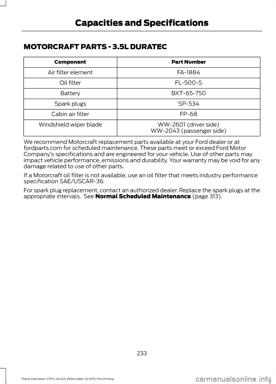 FORD POLICE INTERCEPTOR SEDAN 2016 1.G Owners Manual MOTORCRAFT PARTS - 3.5L DURATEC
Part Number
Component
FA-1884
Air filter element
FL-500-S
Oil filter
BXT-65-750
Battery
SP-534
Spark plugs
FP-68
Cabin air filter
WW-2601 (driver side)
Windshield wiper