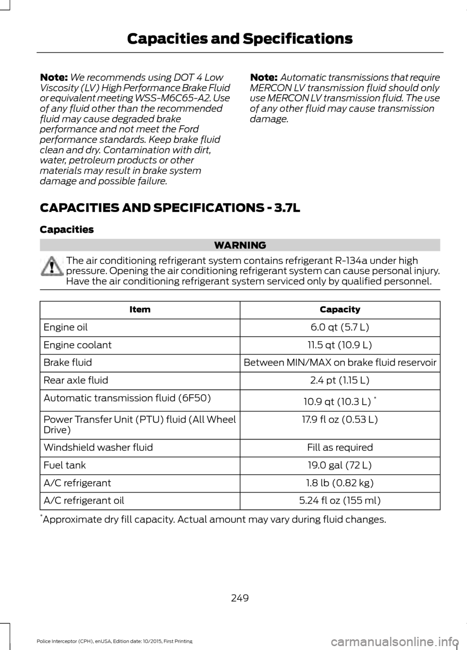 FORD POLICE INTERCEPTOR SEDAN 2016 1.G Owners Manual Note:
We recommends using DOT 4 Low
Viscosity (LV) High Performance Brake Fluid
or equivalent meeting WSS-M6C65-A2. Use
of any fluid other than the recommended
fluid may cause degraded brake
performan FORD POLICE INTERCEPTOR SEDAN 2016 1.G Owners Manual Note:
We recommends using DOT 4 Low
Viscosity (LV) High Performance Brake Fluid
or equivalent meeting WSS-M6C65-A2. Use
of any fluid other than the recommended
fluid may cause degraded brake
performan