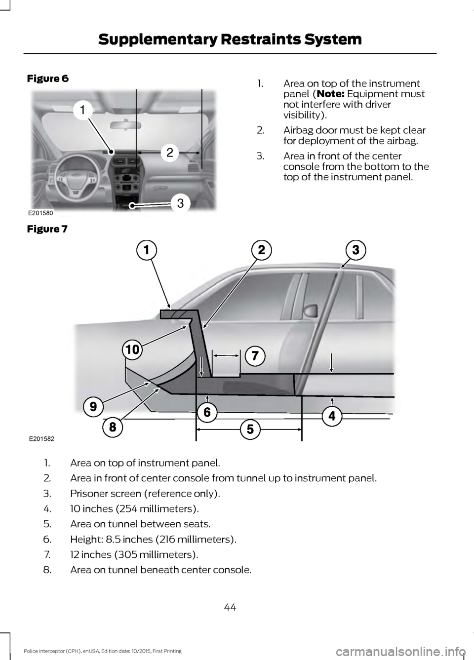 FORD POLICE INTERCEPTOR SEDAN 2016 1.G Service Manual Figure 6
Area on top of the instrument
panel (Note: Equipment must
not interfere with driver
visibility).
1.
Airbag door must be kept clear
for deployment of the airbag.
2.
Area in front of the center FORD POLICE INTERCEPTOR SEDAN 2016 1.G Service Manual Figure 6
Area on top of the instrument
panel (Note: Equipment must
not interfere with driver
visibility).
1.
Airbag door must be kept clear
for deployment of the airbag.
2.
Area in front of the center