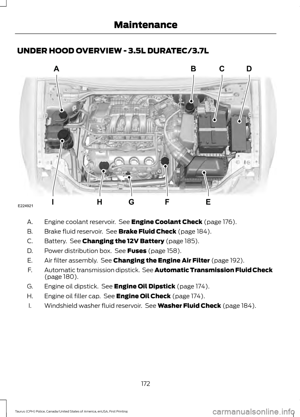 FORD POLICE INTERCEPTOR SEDAN 2017 1.G User Guide UNDER HOOD OVERVIEW - 3.5L DURATEC/3.7L
Engine coolant reservoir.  See Engine Coolant Check (page 176).
A.
Brake fluid reservoir.  See 
Brake Fluid Check (page 184).
B.
Battery.  See 
Changing the 12V