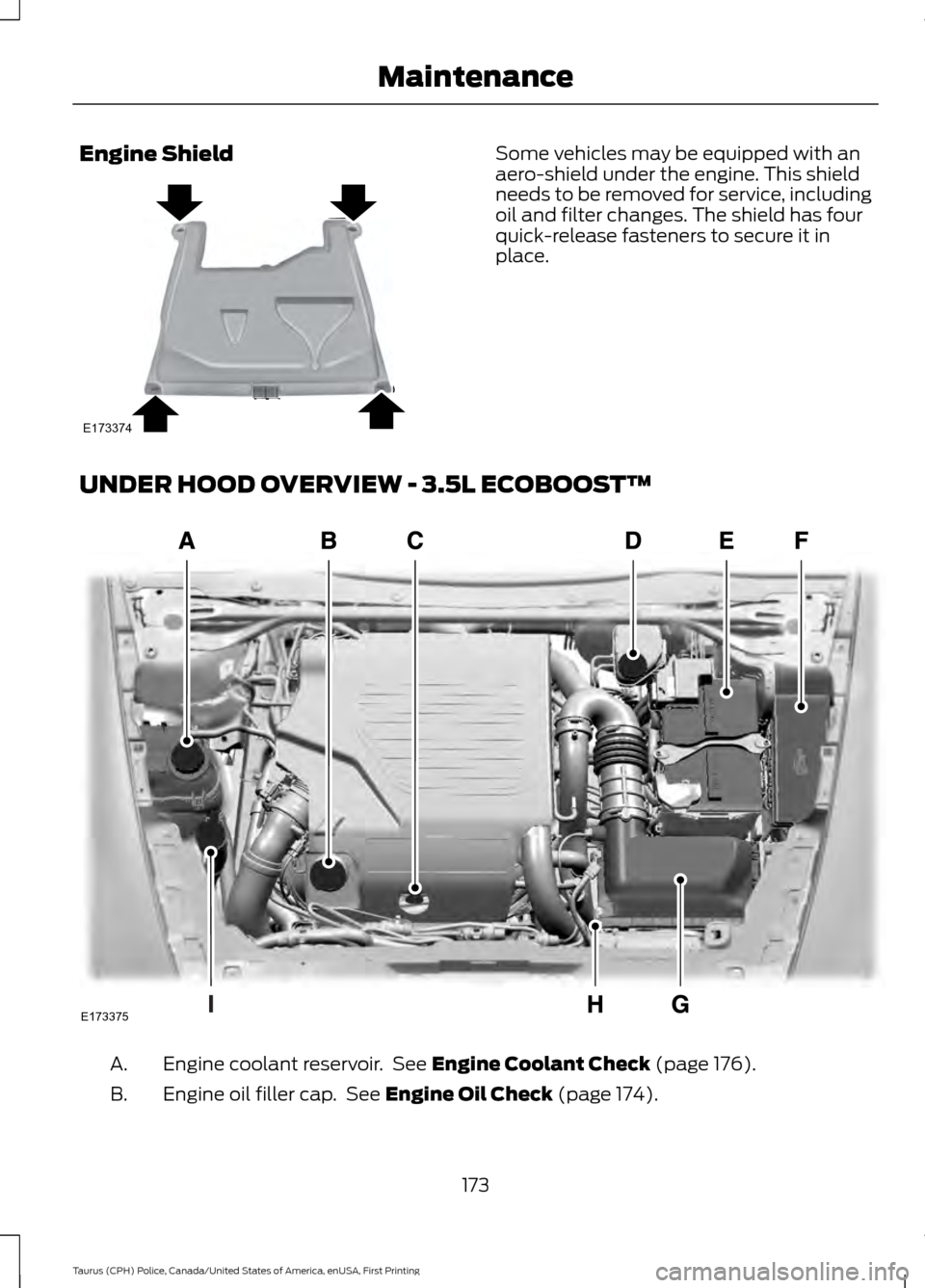 FORD POLICE INTERCEPTOR SEDAN 2017 1.G Owners Manual Engine Shield Some vehicles may be equipped with an
aero-shield under the engine. This shield
needs to be removed for service, including
oil and filter changes. The shield has four
quick-release faste