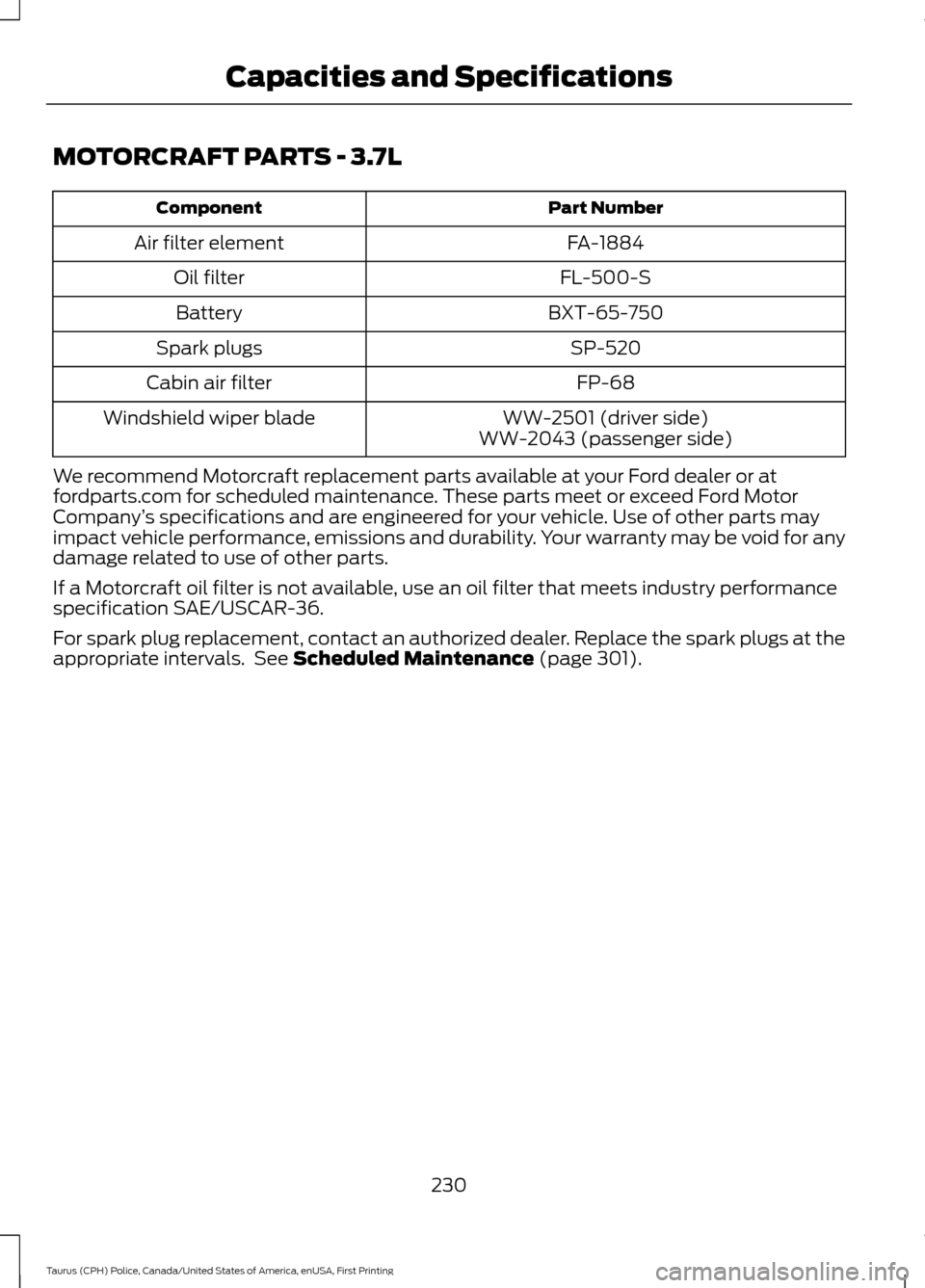 FORD POLICE INTERCEPTOR SEDAN 2017 1.G Owners Manual MOTORCRAFT PARTS - 3.7L
Part Number
Component
FA-1884
Air filter element
FL-500-S
Oil filter
BXT-65-750
Battery
SP-520
Spark plugs
FP-68
Cabin air filter
WW-2501 (driver side)
Windshield wiper blade
W
