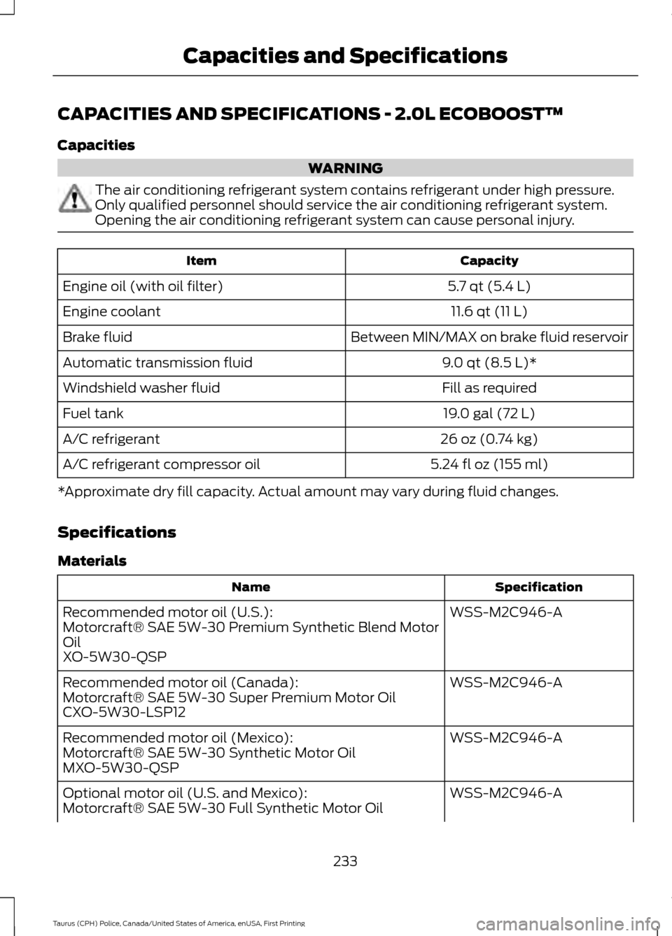 FORD POLICE INTERCEPTOR SEDAN 2017 1.G Owners Manual CAPACITIES AND SPECIFICATIONS - 2.0L ECOBOOST™
Capacities
WARNING
The air conditioning refrigerant system contains refrigerant under high pressure.
Only qualified personnel should service the air co FORD POLICE INTERCEPTOR SEDAN 2017 1.G Owners Manual CAPACITIES AND SPECIFICATIONS - 2.0L ECOBOOST™
Capacities
WARNING
The air conditioning refrigerant system contains refrigerant under high pressure.
Only qualified personnel should service the air co
