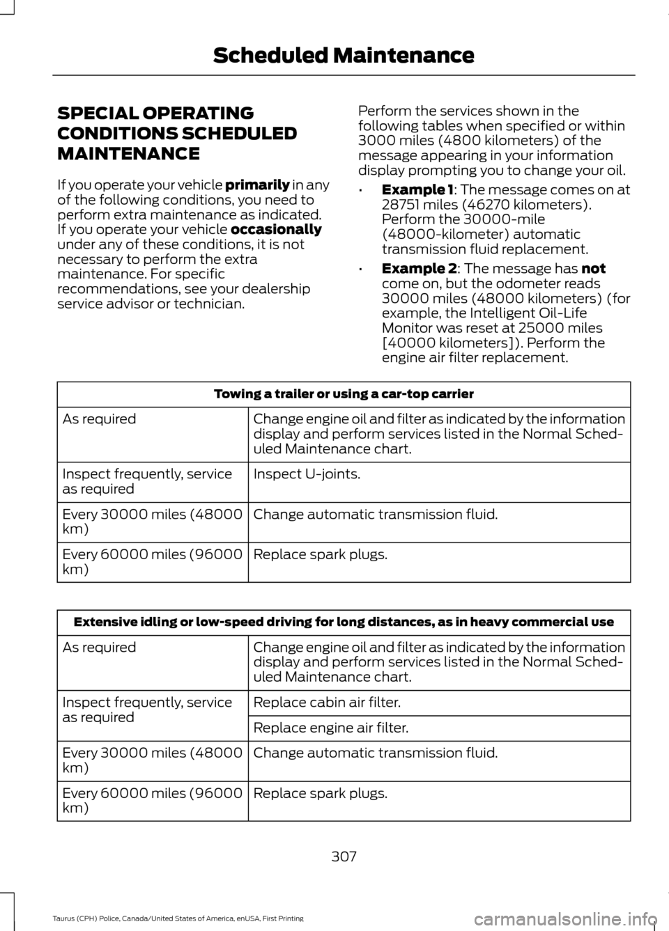 FORD POLICE INTERCEPTOR SEDAN 2017 1.G Owners Manual SPECIAL OPERATING
CONDITIONS SCHEDULED
MAINTENANCE
If you operate your vehicle primarily in any
of the following conditions, you need to
perform extra maintenance as indicated.
If you operate your veh