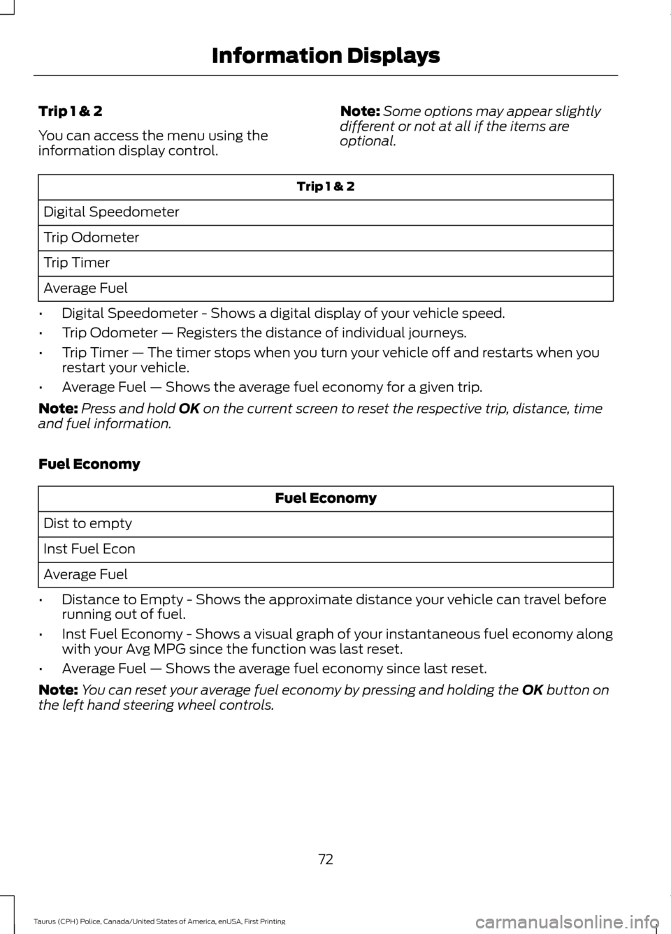 FORD POLICE INTERCEPTOR SEDAN 2017 1.G Manual PDF Trip 1 & 2
You can access the menu using the
information display control.
Note:
Some options may appear slightly
different or not at all if the items are
optional. Trip 1 & 2
Digital Speedometer
Trip 