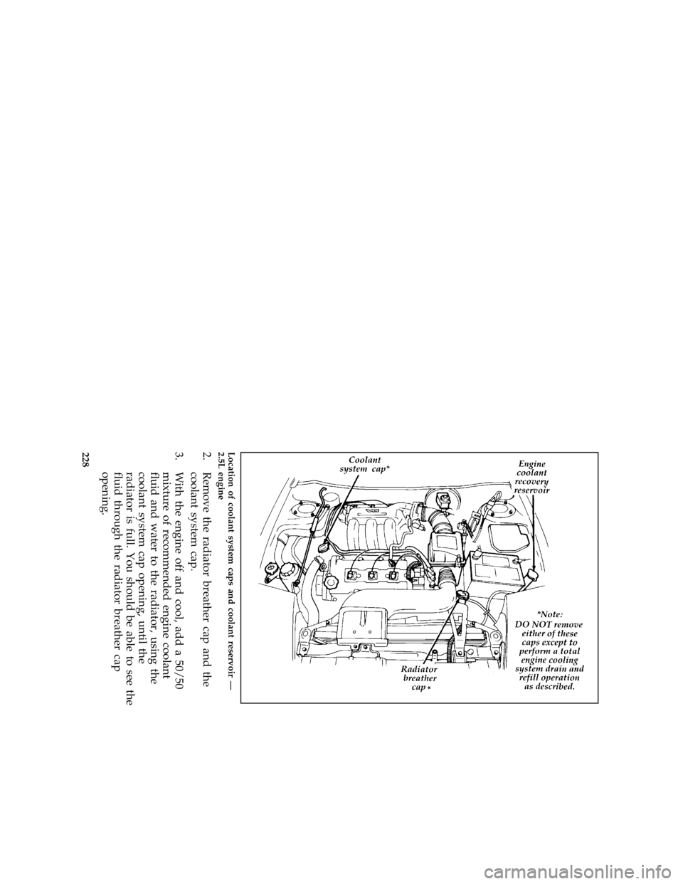 FORD PROBE 1996 2.G Owners Manual 228 [SV22025(ALL)04/95]
three fourths page art:0032104-BLocation of coolant system caps and coolant reservoir Ð
2.5L engine
[SV22028(ALL)02/92]
2. Remove the radiator breather cap and the
coolant sys