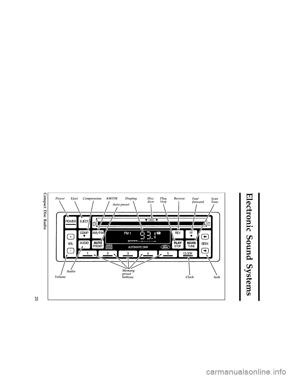 FORD PROBE 1997 2.G Owners Manual 21
Electronic Sound Systems
*
[AS00950(ALL)08/95]
full page art:0060648-B
Compact Disc Radio
File:04prasp.ex
Update:Mon Jun  3 10:03:33 1996 