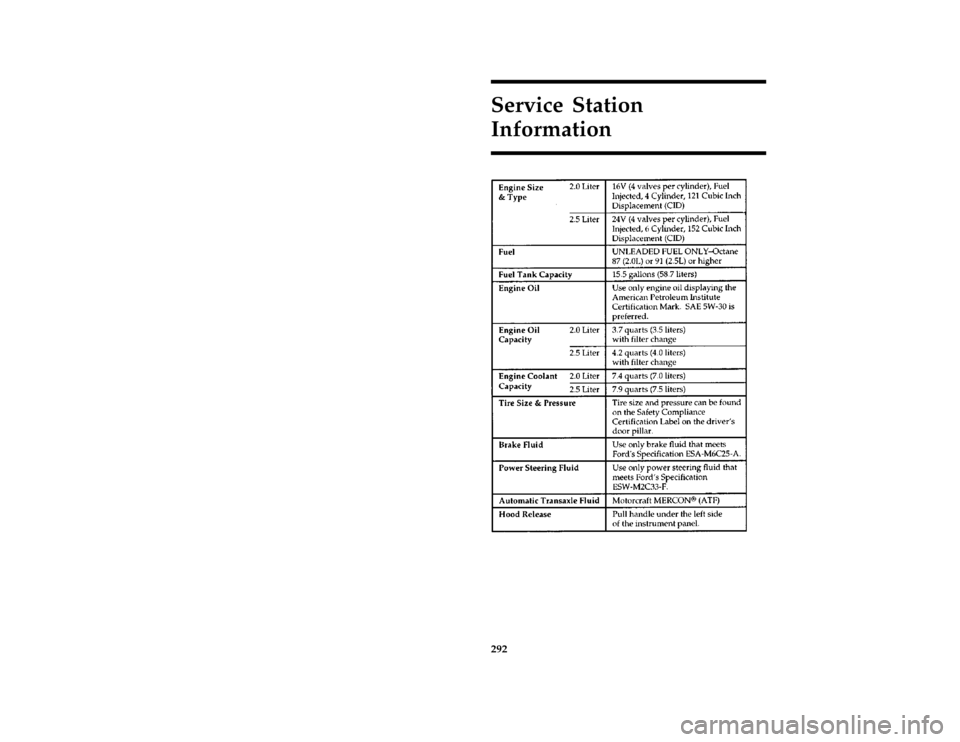 FORD PROBE 1997 2.G Owners Manual 292Service Station
Information
[GS00200(ALL)04/95]
twenty-eight pica chart:0032118-HFile:17prgsp.ex
Update:Wed Jun 12 10:25:59 1996 