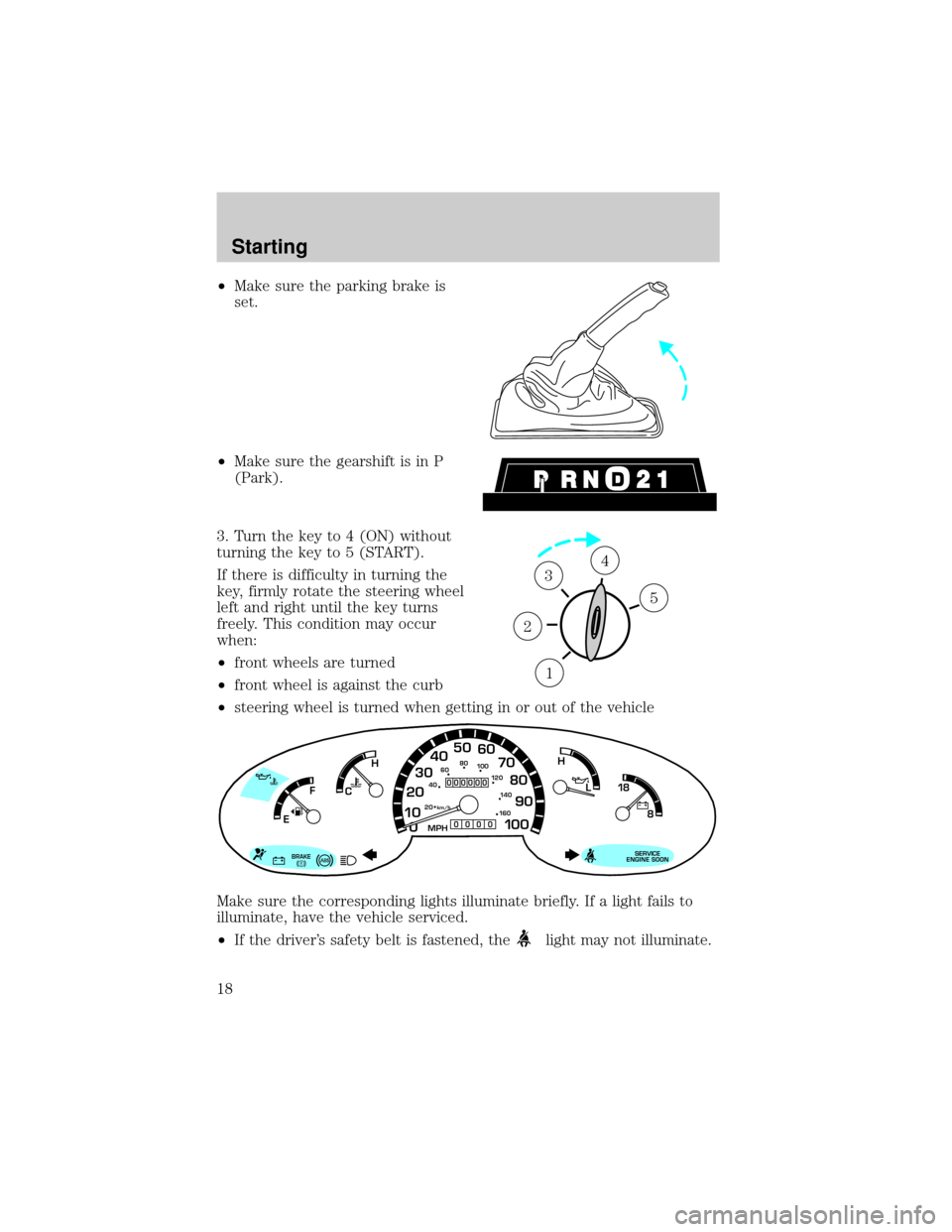 FORD POSTAL EXPLORER 2000 2.G User Guide ²Make sure the parking brake is
set.
²Make sure the gearshift is in P
(Park).
3. Turn the key to 4 (ON) without
turning the key to 5 (START).
If there is difficulty in turning the
key, firmly rotate