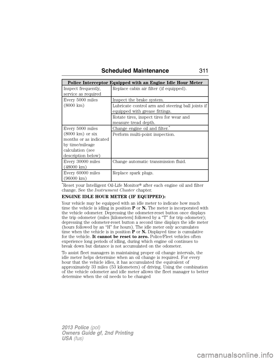 FORD POLICE INTERCEPTOR UTILITY 2013 1.G Owners Manual Police Interceptor Equipped with an Engine Idle Hour Meter
Inspect frequently,
service as requiredReplace cabin air filter (if equipped).
Every 5000 miles
(8000 km)Inspect the brake system.
Lubricate 