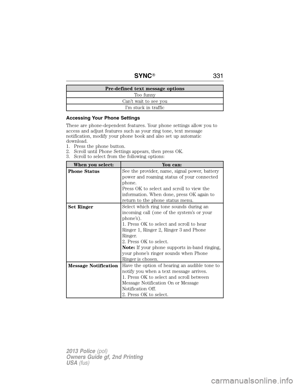 FORD POLICE INTERCEPTOR UTILITY 2013 1.G Owners Manual Pre-defined text message options
Too funny
Can’t wait to see you
I’m stuck in traffic
Accessing Your Phone Settings
These are phone-dependent features. Your phone settings allow you to
access and 