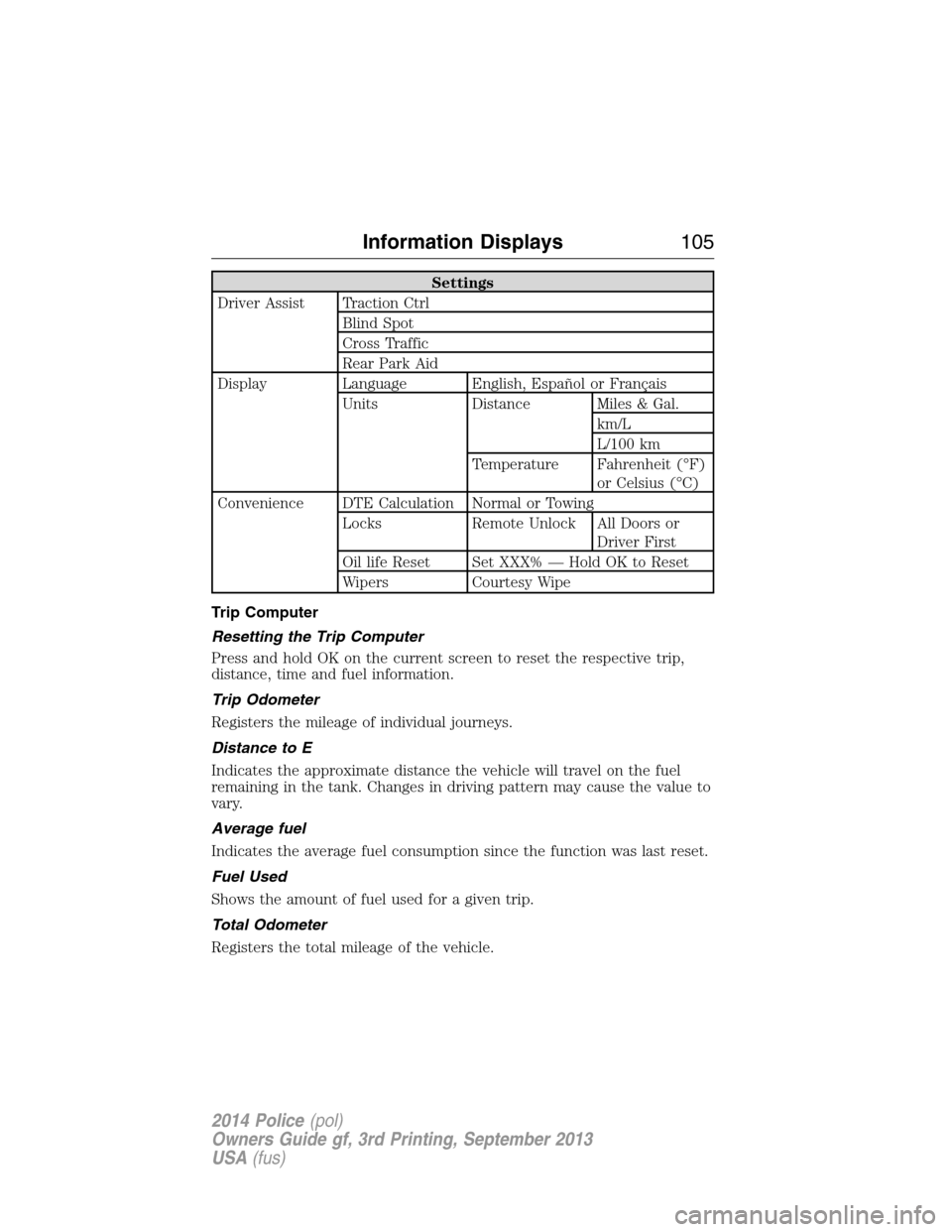 FORD POLICE INTERCEPTOR UTILITY 2014 1.G Owners Manual Settings
Driver Assist Traction Ctrl
Blind Spot
Cross Traffic
Rear Park Aid
Display Language English, Español or Français
Units Distance Miles & Gal.
km/L
L/100 km
Temperature Fahrenheit (°F)
or Ce