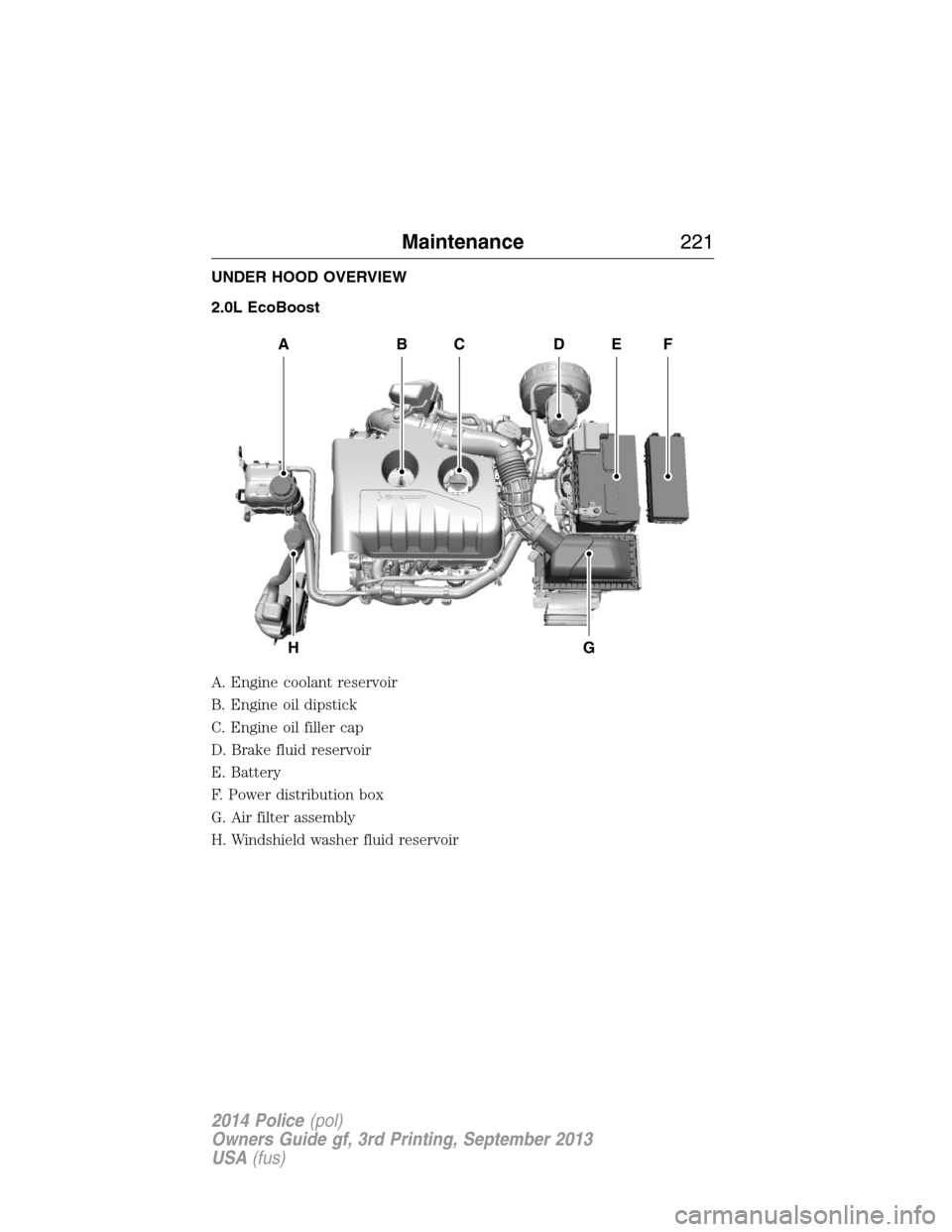 FORD POLICE INTERCEPTOR UTILITY 2014 1.G Owners Manual UNDER HOOD OVERVIEW
2.0L EcoBoost
A. Engine coolant reservoir
B. Engine oil dipstick
C. Engine oil filler cap
D. Brake fluid reservoir
E. Battery
F. Power distribution box
G. Air filter assembly
H. Wi