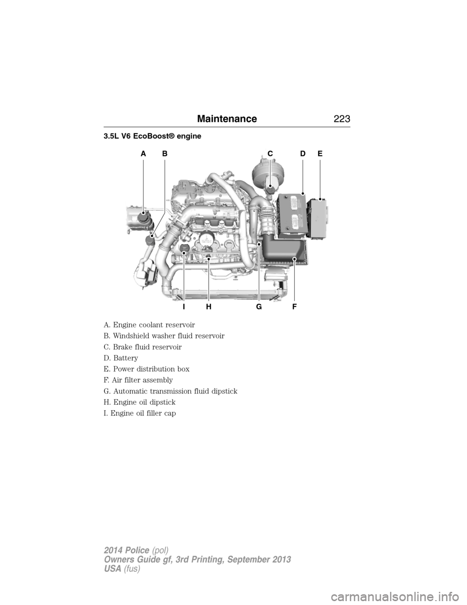 FORD POLICE INTERCEPTOR UTILITY 2014 1.G Owners Manual 3.5L V6 EcoBoost® engine
A. Engine coolant reservoir
B. Windshield washer fluid reservoir
C. Brake fluid reservoir
D. Battery
E. Power distribution box
F. Air filter assembly
G. Automatic transmissio