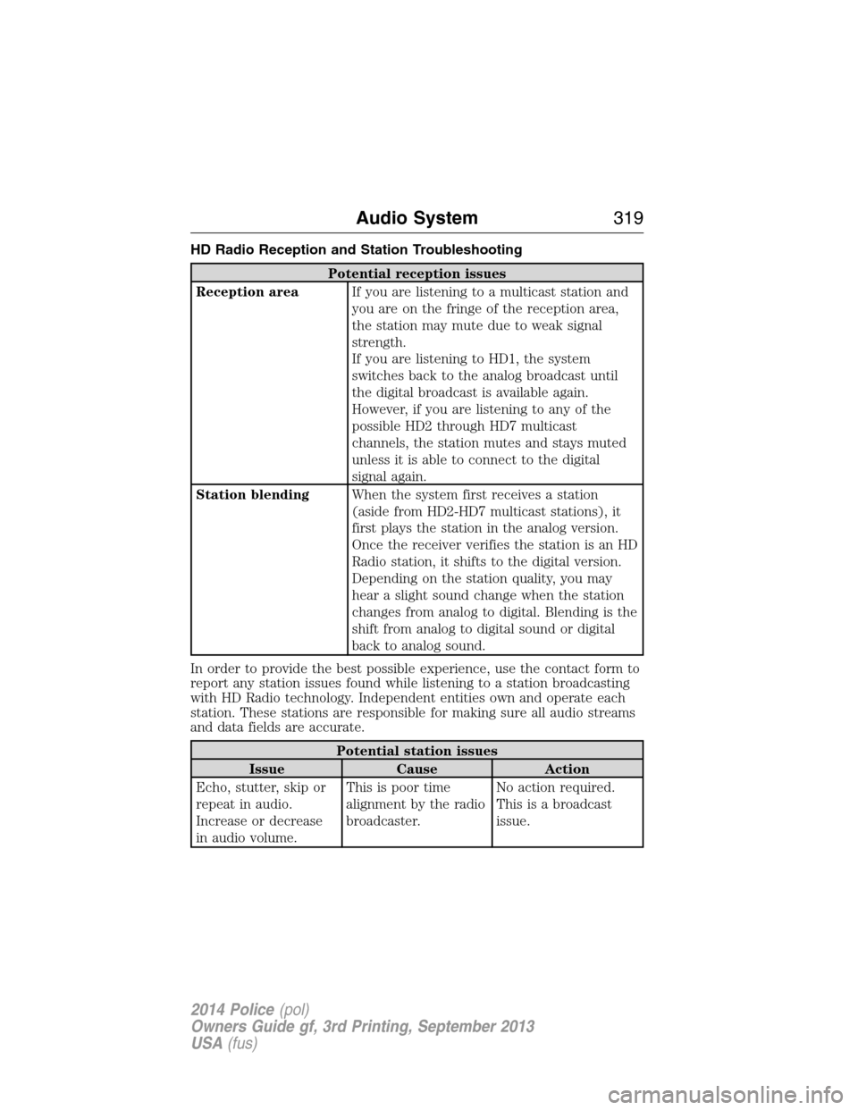 FORD POLICE INTERCEPTOR UTILITY 2014 1.G Owners Manual HD Radio Reception and Station Troubleshooting
Potential reception issues
Reception areaIf you are listening to a multicast station and
you are on the fringe of the reception area,
the station may mut