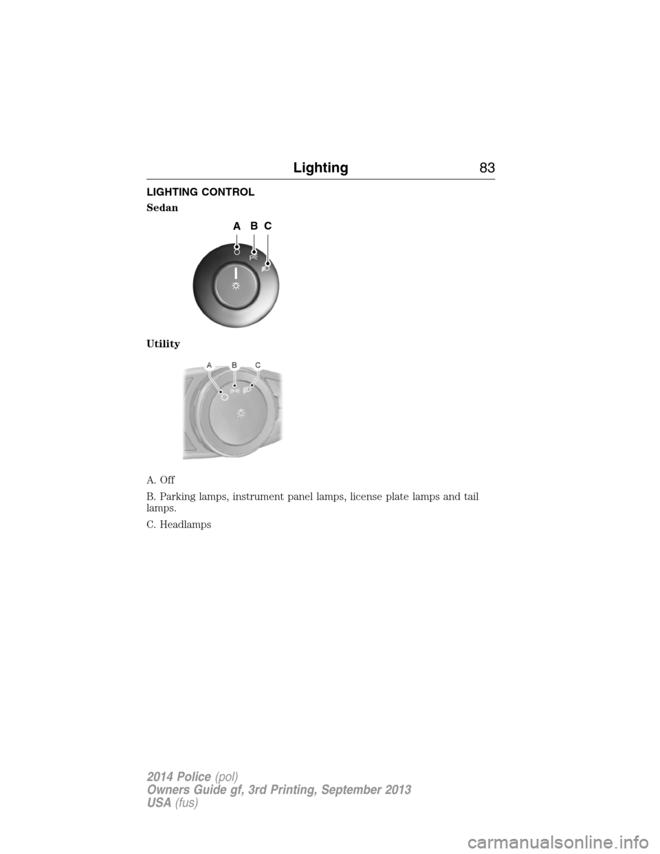 FORD POLICE INTERCEPTOR UTILITY 2014 1.G Owners Manual LIGHTING CONTROL
Sedan
Utility
A. Off
B. Parking lamps, instrument panel lamps, license plate lamps and tail
lamps.
C. Headlamps
P
ABC
Lighting83
2014 Police(pol)
Owners Guide gf, 3rd Printing, Septem