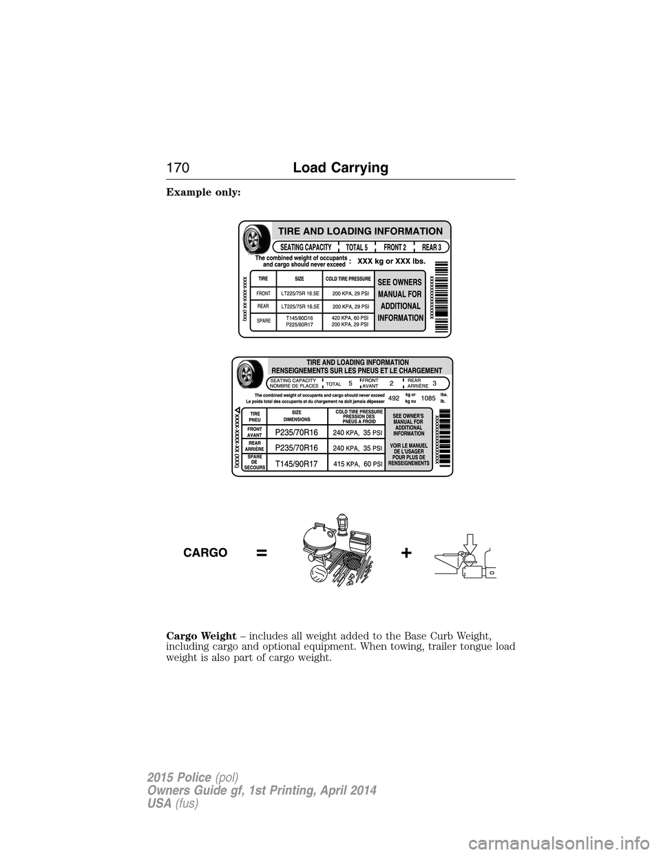 FORD POLICE INTERCEPTOR UTILITY 2015 1.G Owners Manual Example only:
Cargo Weight– includes all weight added to the Base Curb Weight,
including cargo and optional equipment. When towing, trailer tongue load
weight is also part of cargo weight.
170Load C