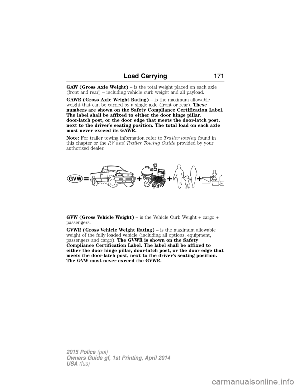 FORD POLICE INTERCEPTOR UTILITY 2015 1.G Owners Manual GAW (Gross Axle Weight)– is the total weight placed on each axle
(front and rear) – including vehicle curb weight and all payload.
GAWR (Gross Axle Weight Rating)– is the maximum allowable
weigh