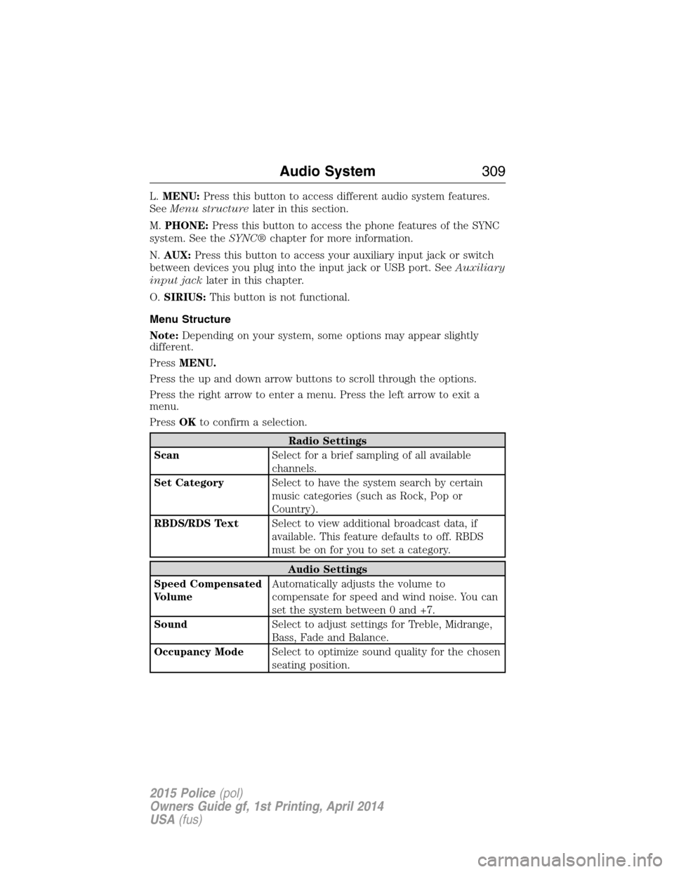 FORD POLICE INTERCEPTOR UTILITY 2015 1.G Owners Manual L.MENU:Press this button to access different audio system features.
SeeMenu structurelater in this section.
M.PHONE:Press this button to access the phone features of the SYNC
system. See theSYNC®chap