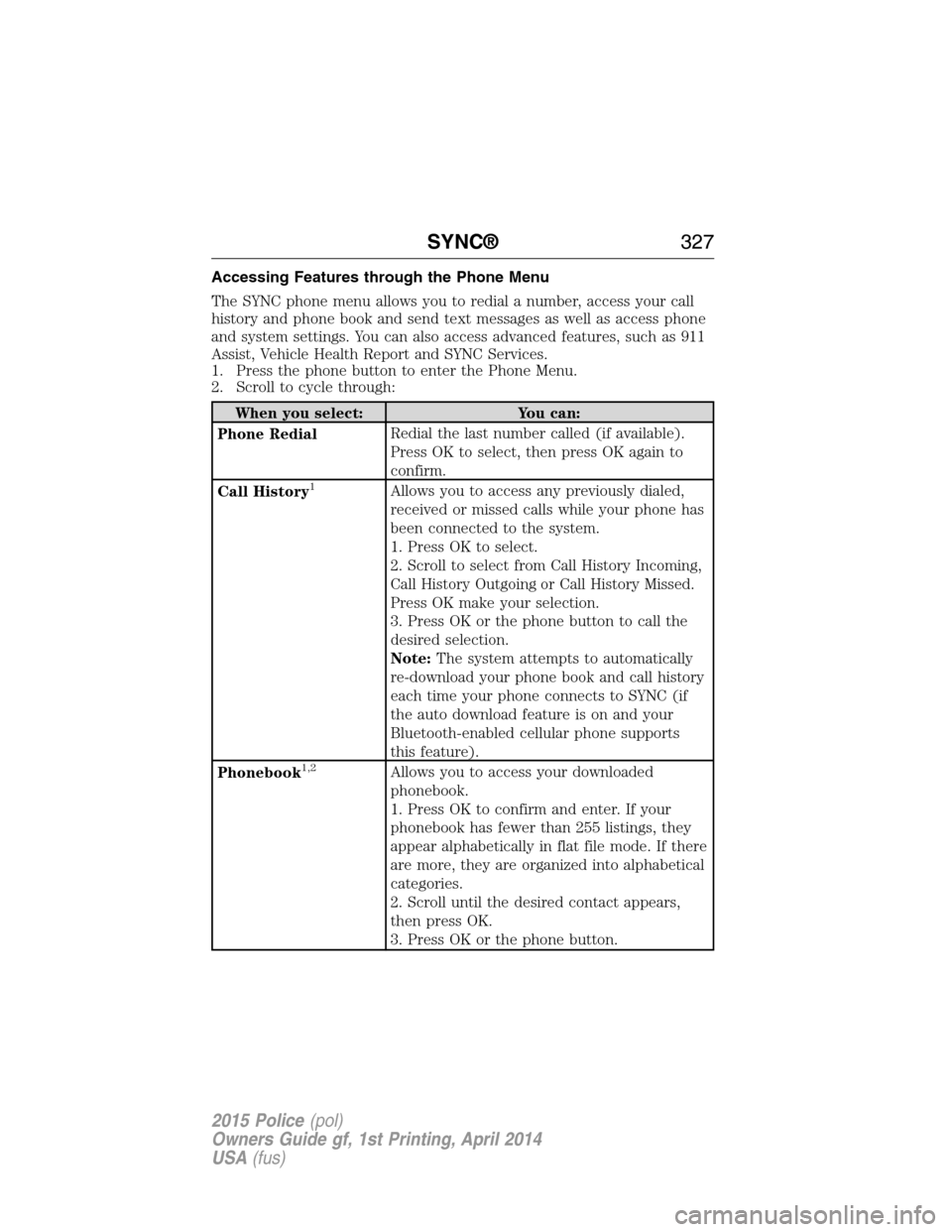 FORD POLICE INTERCEPTOR UTILITY 2015 1.G Owners Manual Accessing Features through the Phone Menu
The SYNC phone menu allows you to redial a number, access your call
history and phone book and send text messages as well as access phone
and system settings.