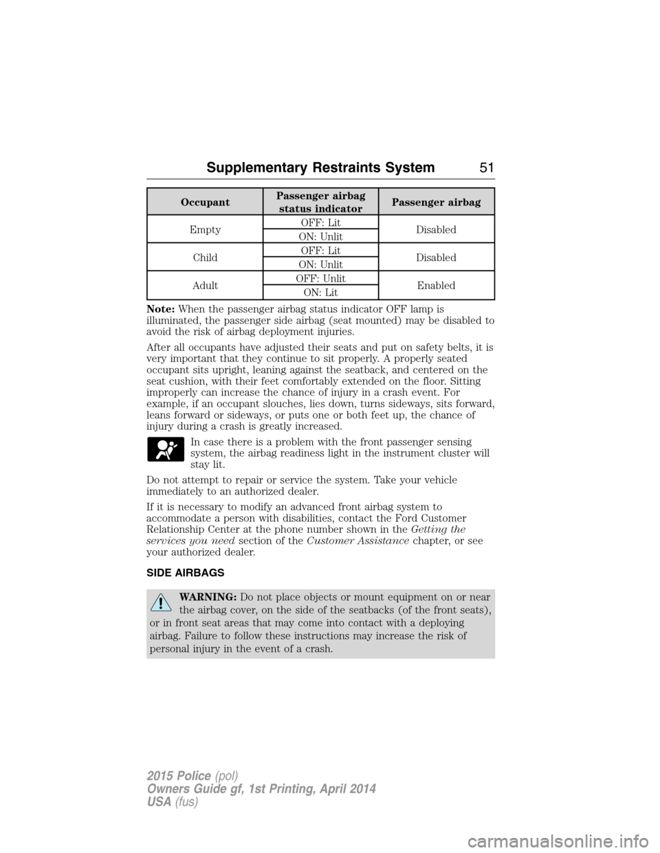 FORD POLICE INTERCEPTOR UTILITY 2015 1.G Owners Manual OccupantPassenger airbag
status indicatorPassenger airbag
EmptyOFF: Lit
Disabled
ON: Unlit
ChildOFF: Lit
Disabled
ON: Unlit
AdultOFF: Unlit
Enabled
ON: Lit
Note:When the passenger airbag status indica