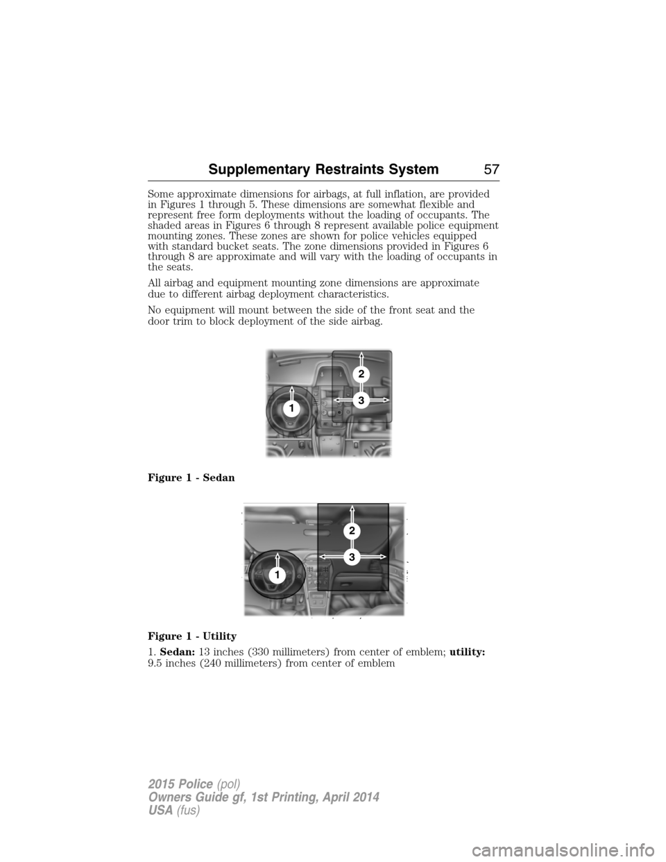 FORD POLICE INTERCEPTOR UTILITY 2015 1.G Owners Manual Some approximate dimensions for airbags, at full inflation, are provided
in Figures 1 through 5. These dimensions are somewhat flexible and
represent free form deployments without the loading of occup